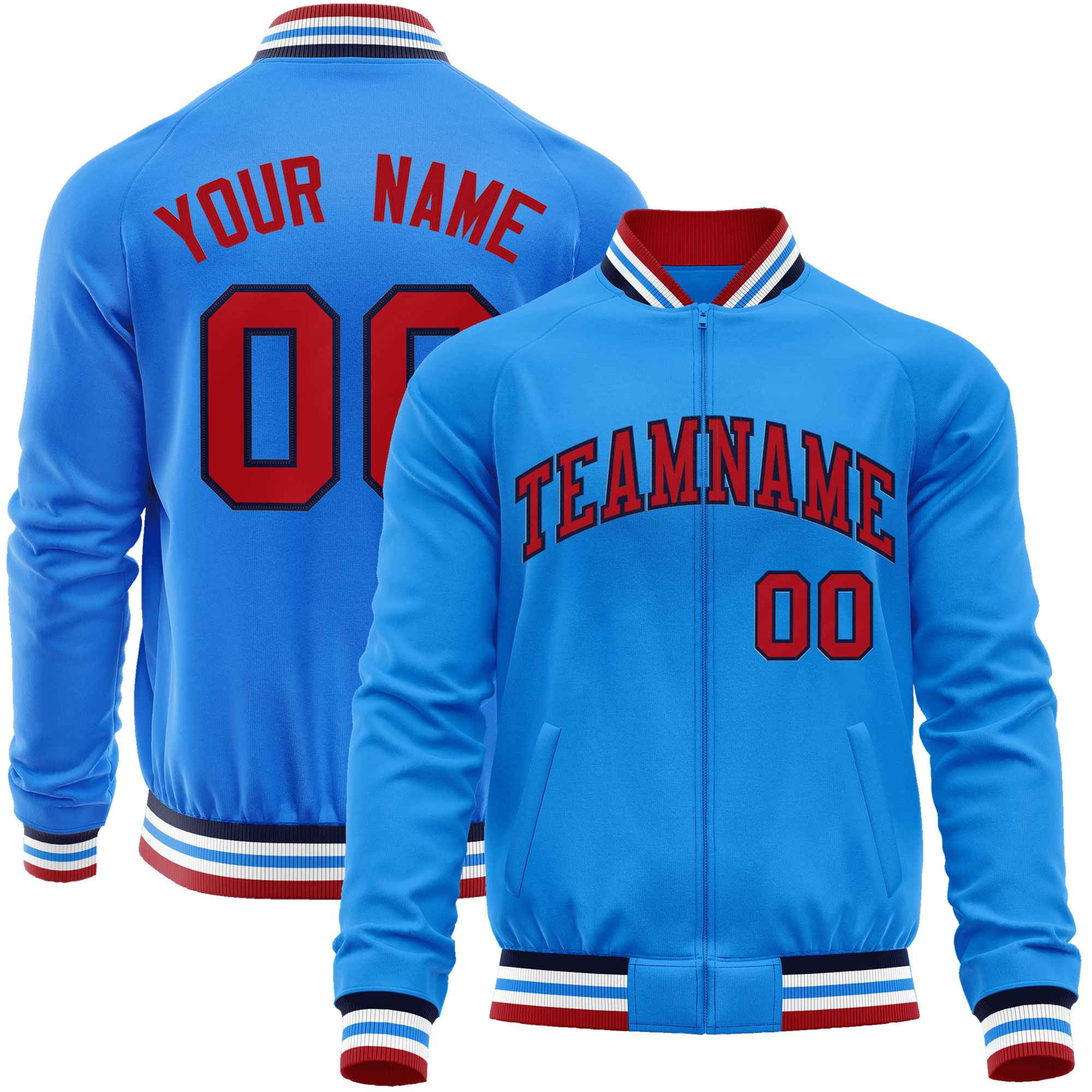 Custom Powder Blue Red Classic Style Varsity Full-Zip Letterman Baseball Jacket