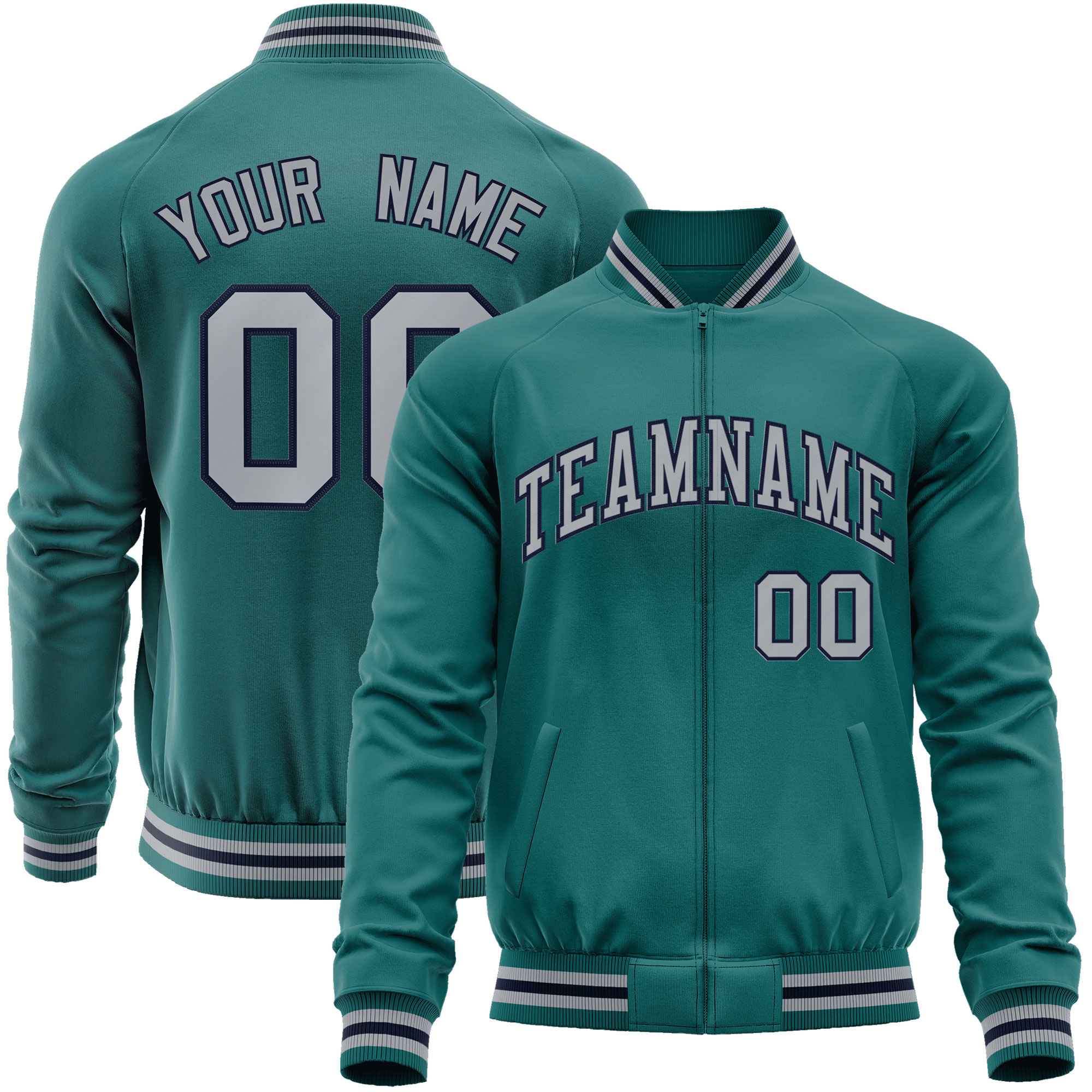 Custom Aqua Gray Classic Style Varsity Full-Zip Letterman Baseball Jacket