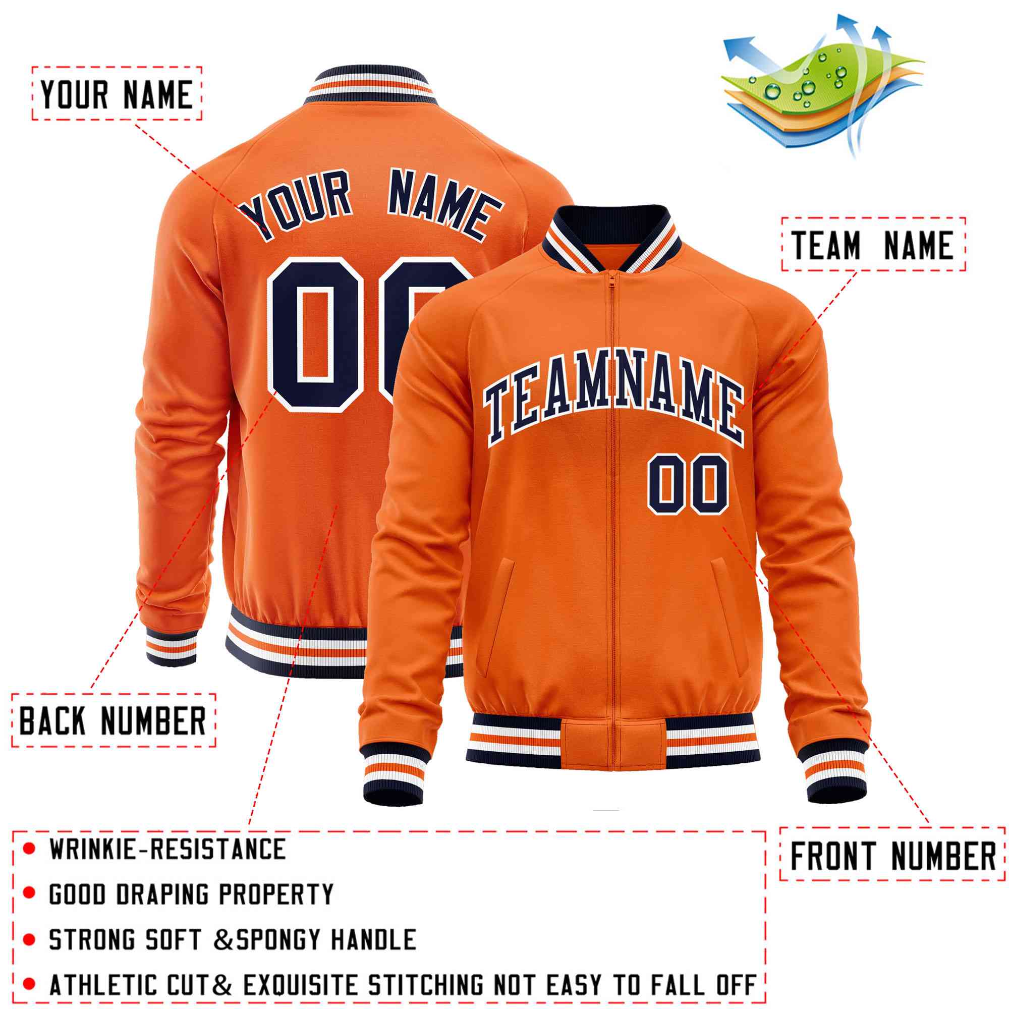 Custom Orange Navy Classic Style Varsity Full-Zip Letterman Baseball Jacket