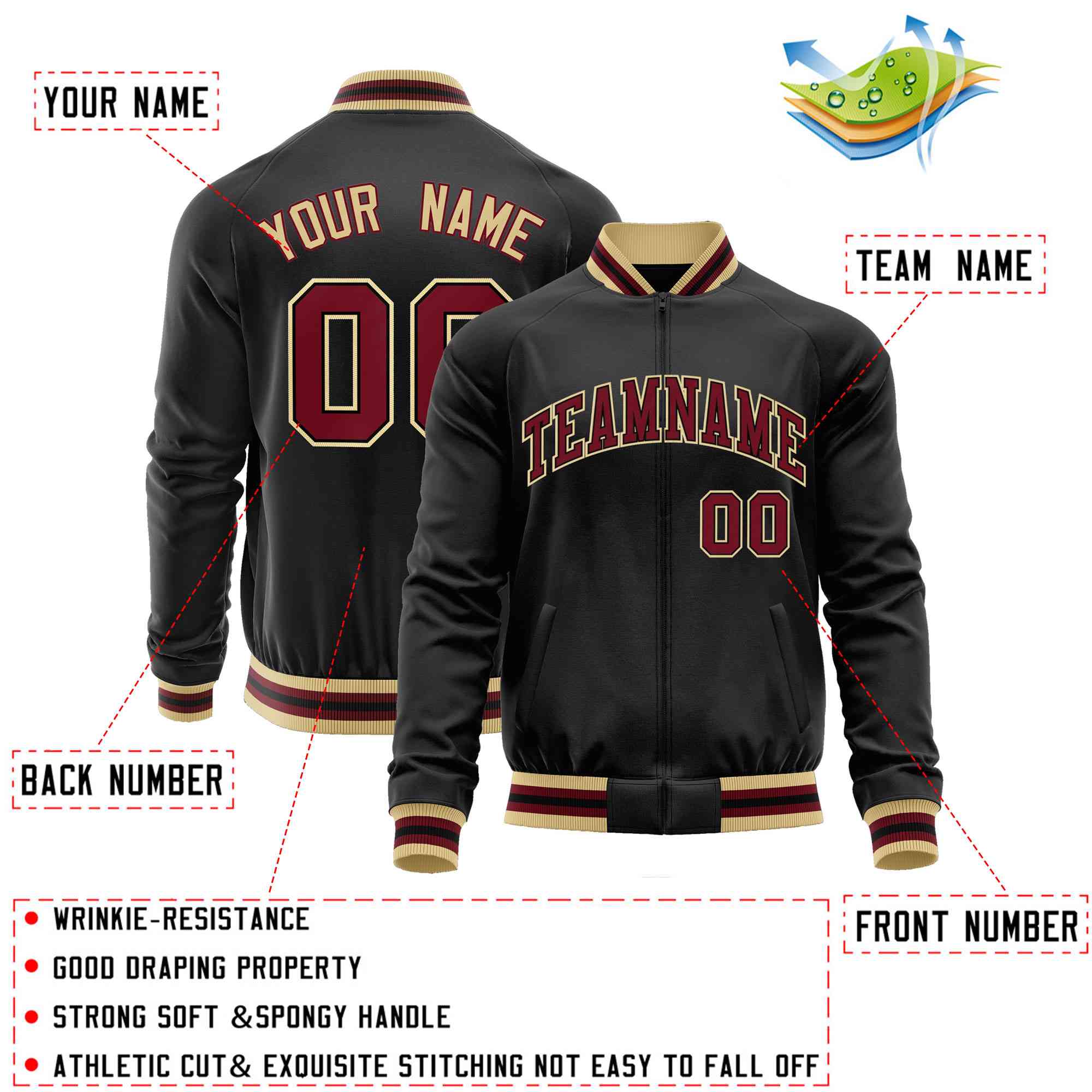 Custom Black Crimson Classic Style Varsity Full-Zip Letterman Baseball Jacket