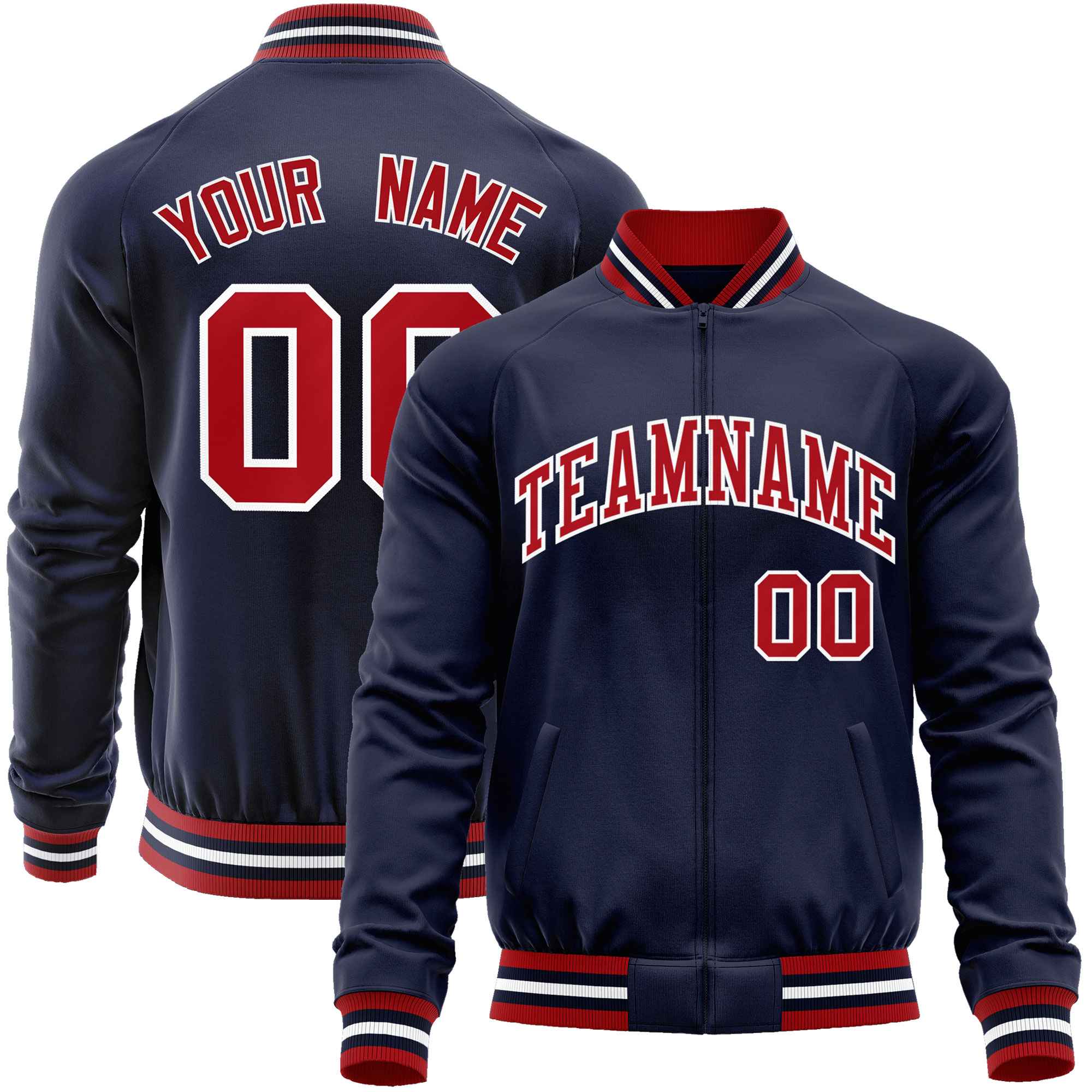 Custom Navy Red Classic Style Varsity Full-Zip Letterman Baseball Jacket