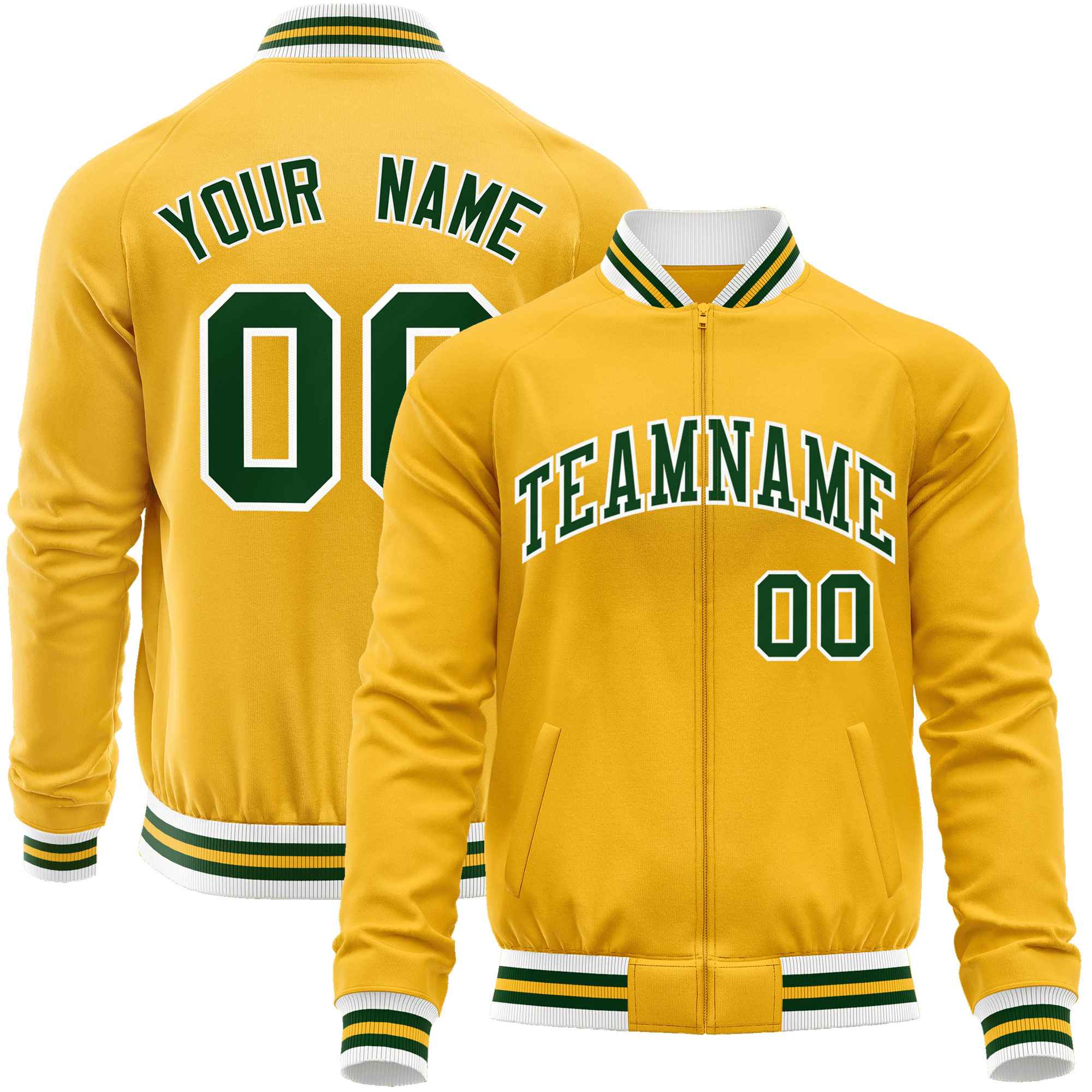 Custom Gold Green Classic Style Varsity Full-Zip Letterman Baseball Jacket