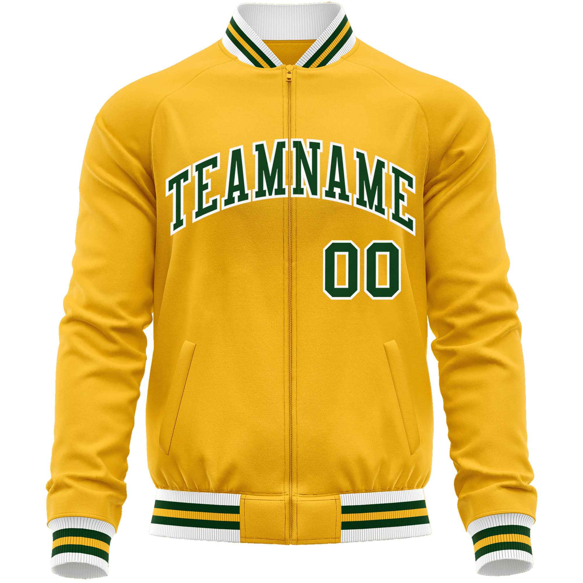 Custom Gold Green Classic Style Varsity Full-Zip Letterman Baseball Jacket