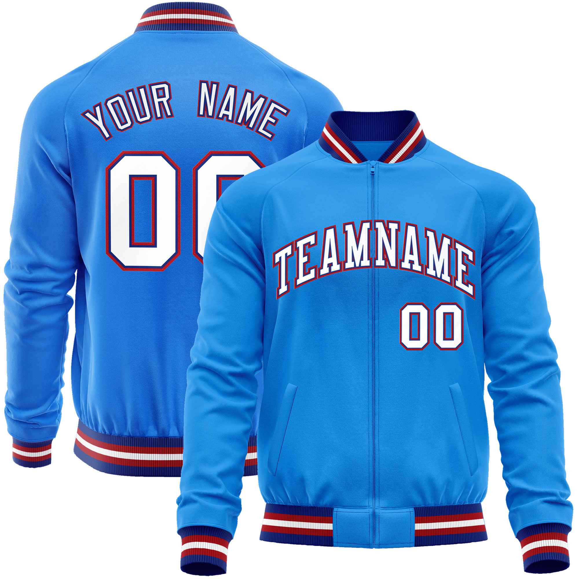 Custom Powder Blue White Classic Style Varsity Full-Zip Letterman Baseball Jacket