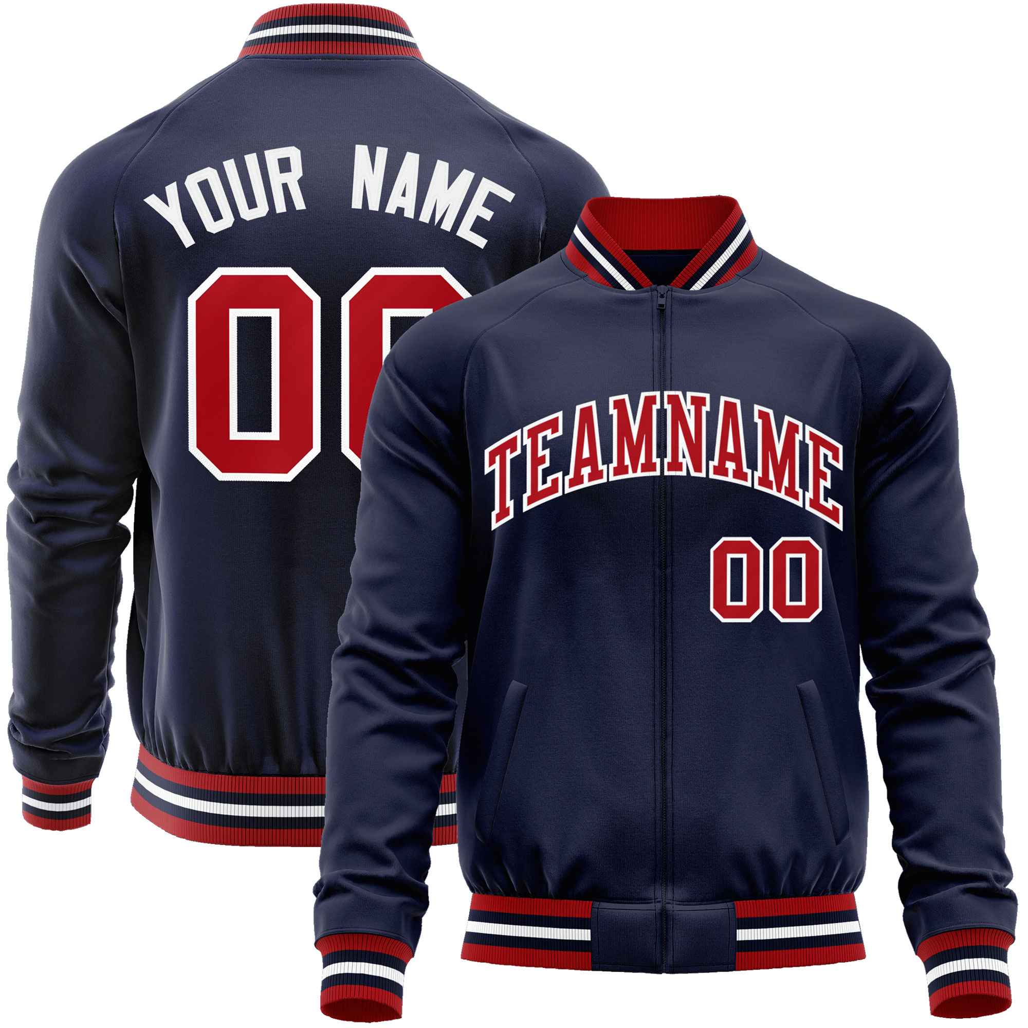 Custom Navy Red Classic Style Varsity Full-Zip Letterman Baseball Jacket