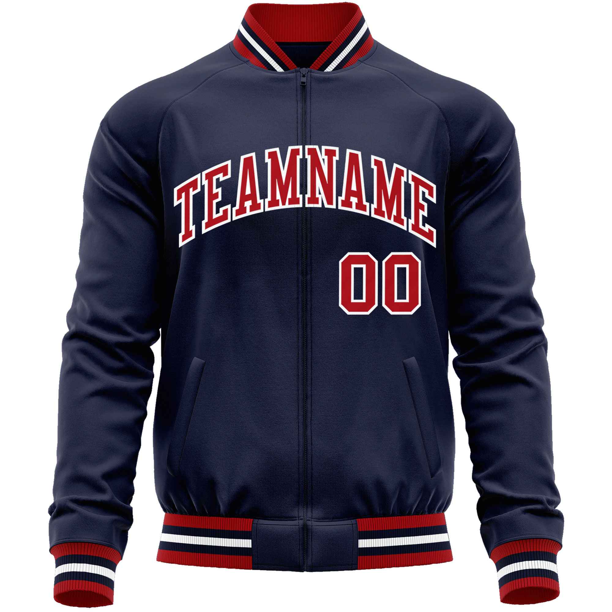 Custom Navy Red Classic Style Varsity Full-Zip Letterman Baseball Jacket