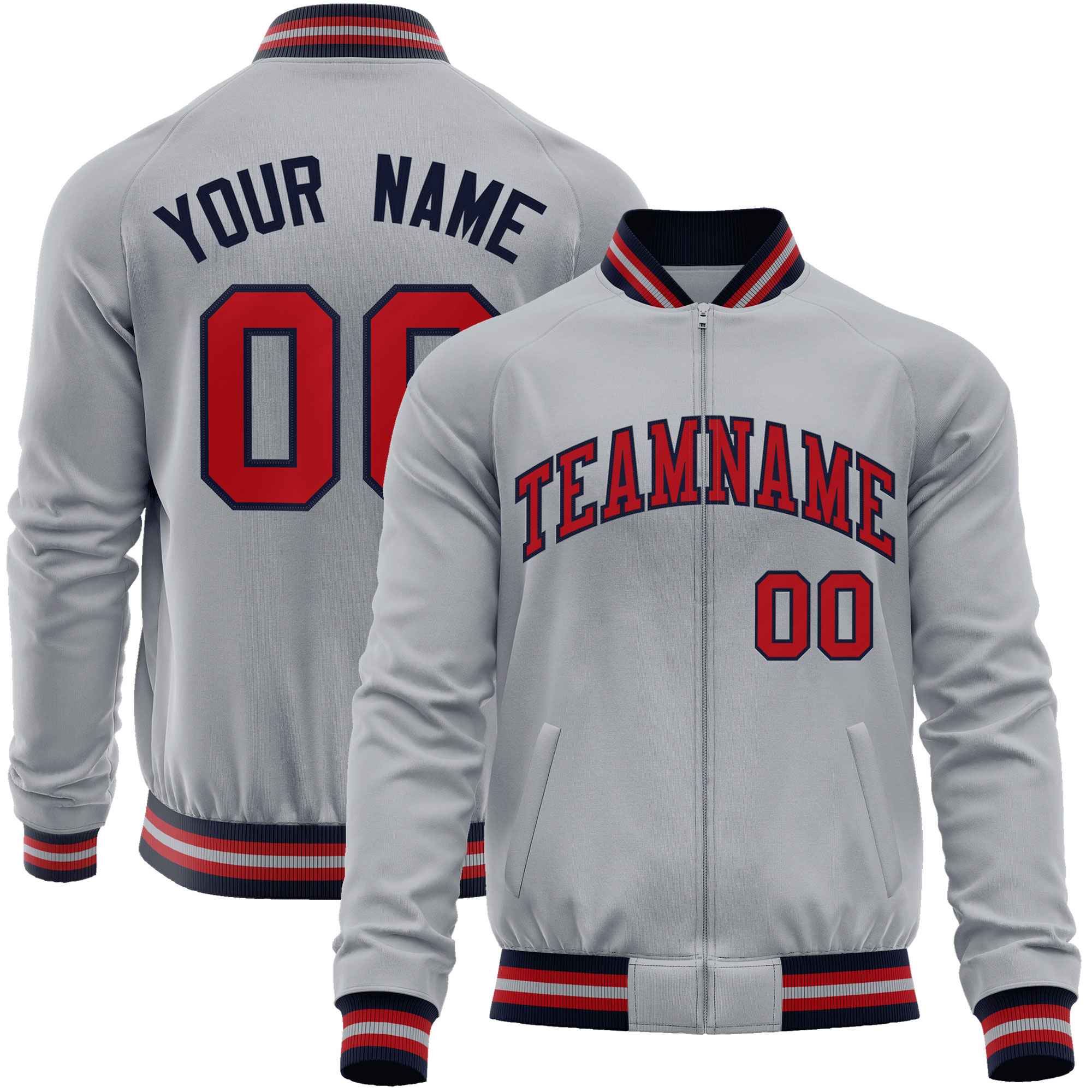 Custom Gray Red Classic Style Varsity Full-Zip Letterman Baseball Jacket