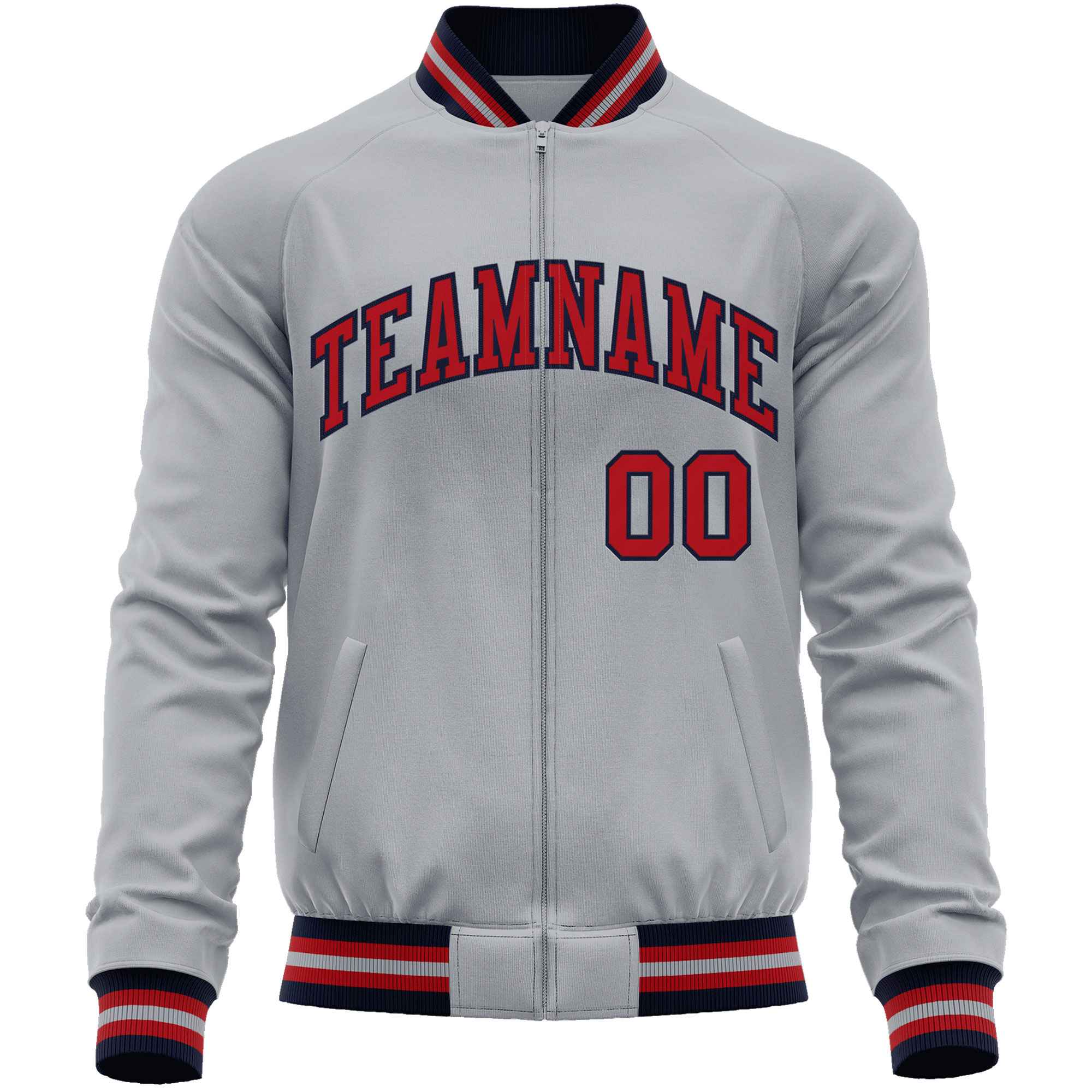 Custom Gray Red Classic Style Varsity Full-Zip Letterman Baseball Jacket