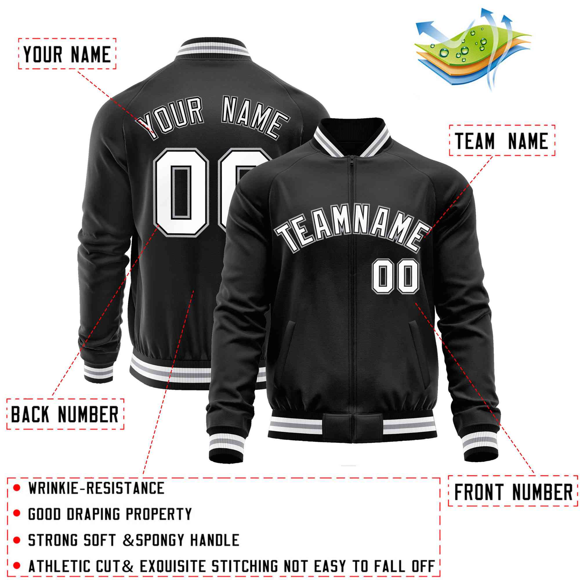 Custom Black White Classic Style Varsity Full-Zip Letterman Baseball Jacket