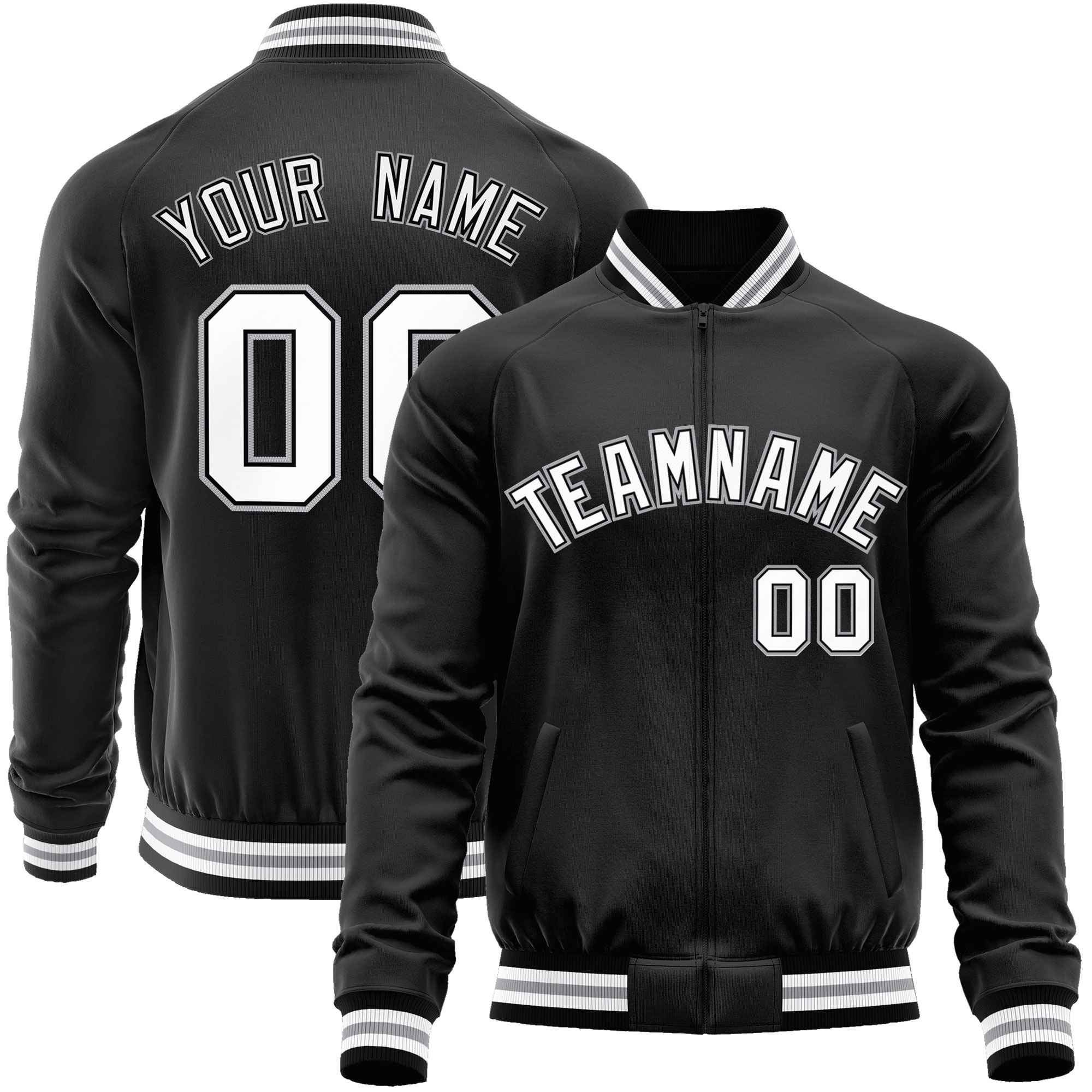 Custom Black White Classic Style Varsity Full-Zip Letterman Baseball Jacket