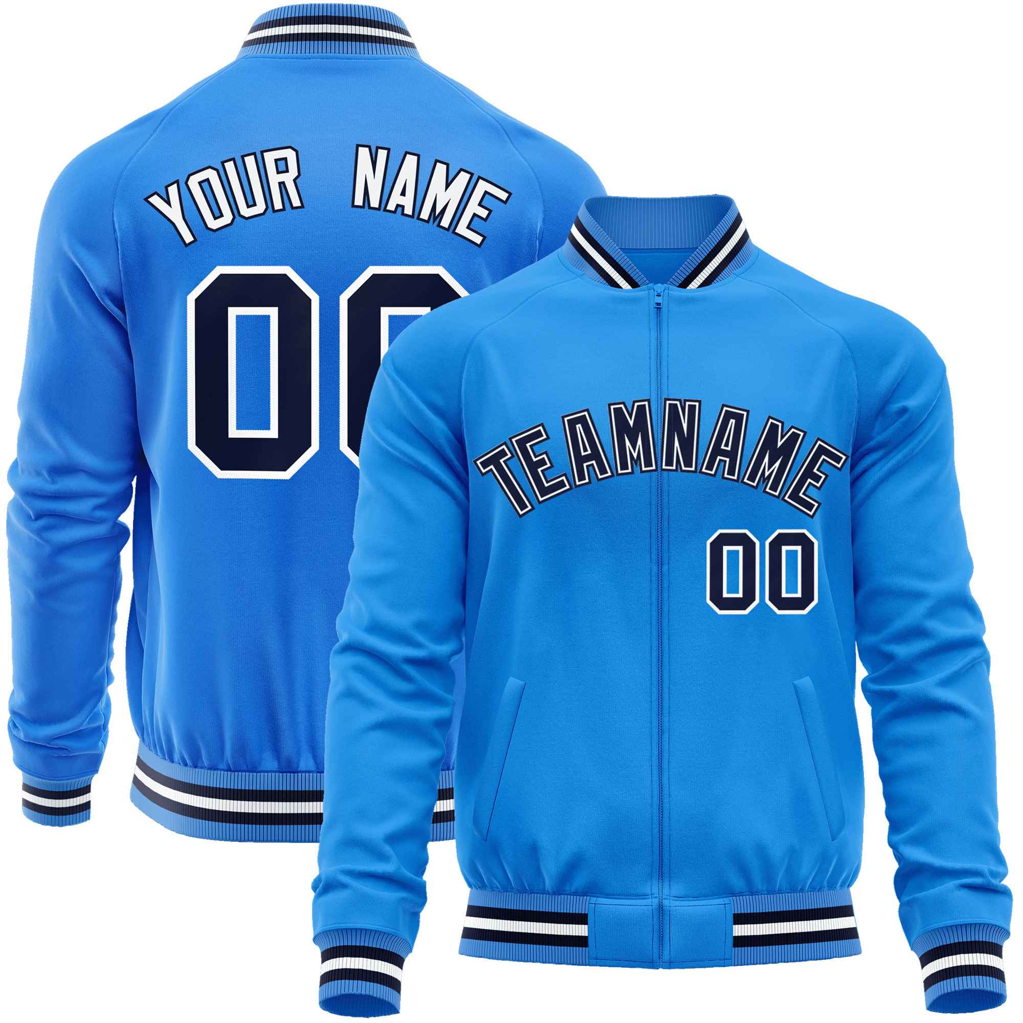 Custom Powder Blue Navy Classic Style Varsity Full-Zip Letterman Baseball Jacket