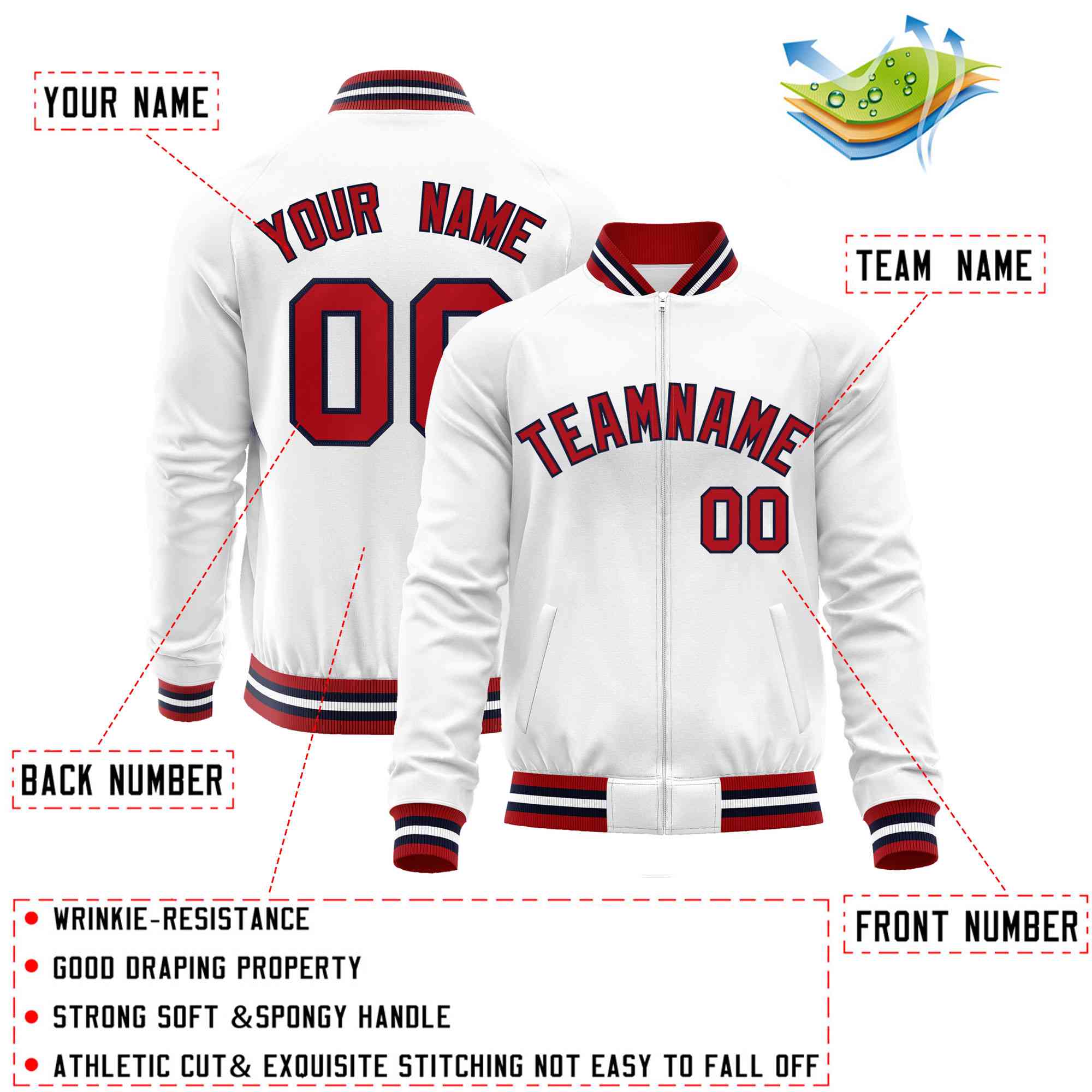 Custom White Red Classic Style Varsity Full-Zip Letterman Baseball Jacket