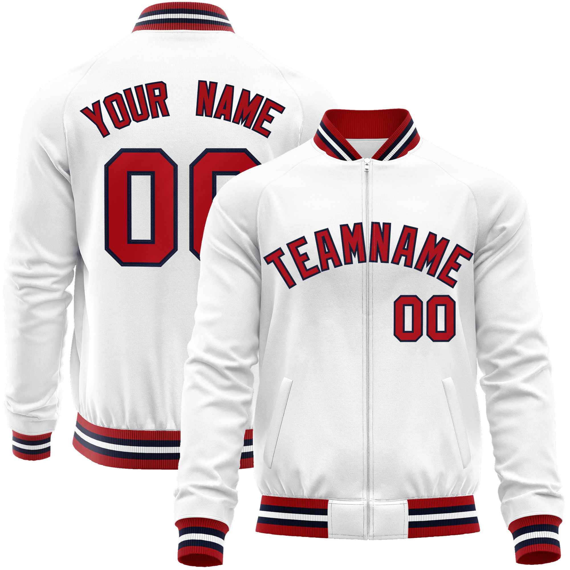 Custom White Red Classic Style Varsity Full-Zip Letterman Baseball Jacket