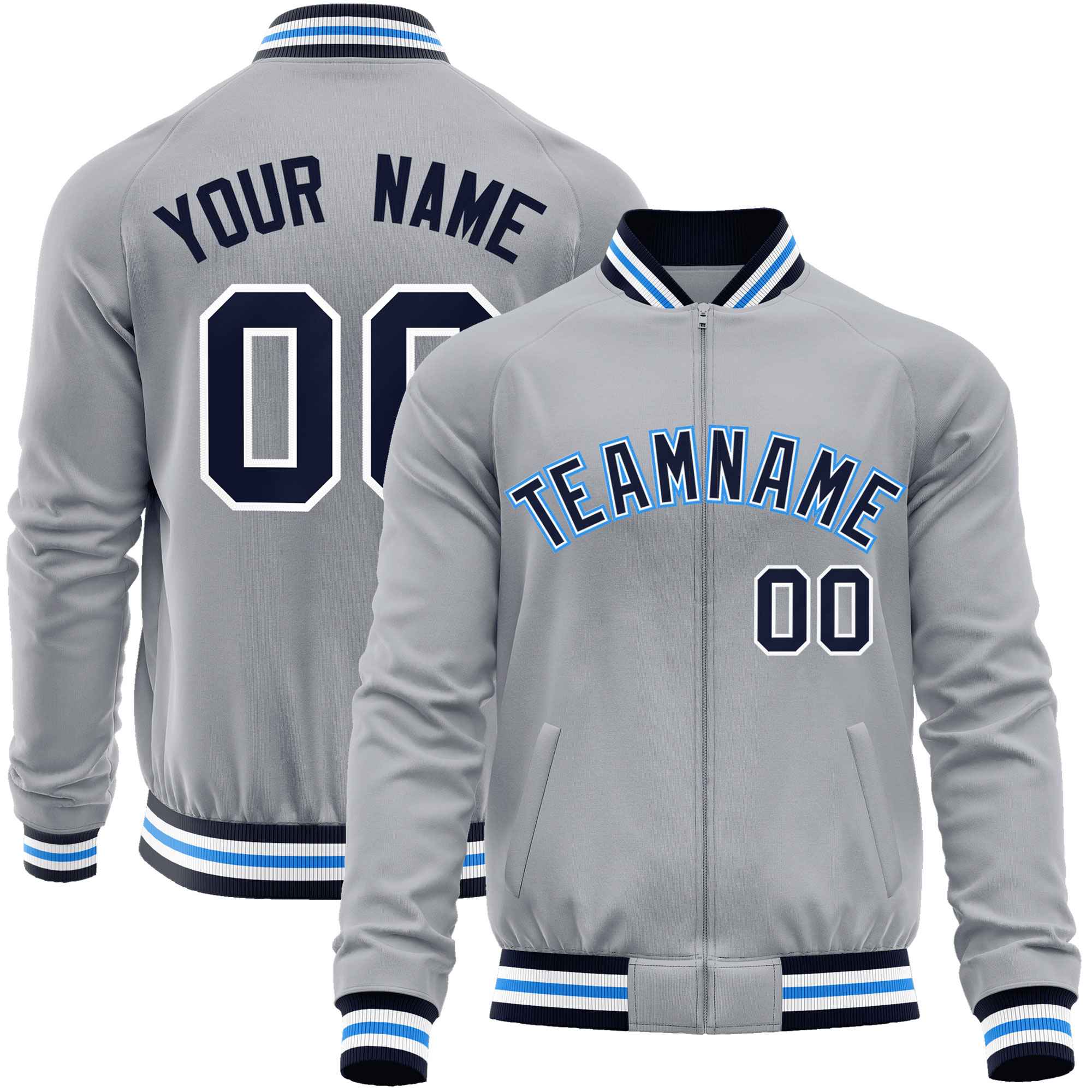 Custom Gray Navy Classic Style Varsity Full-Zip Letterman Baseball Jacket