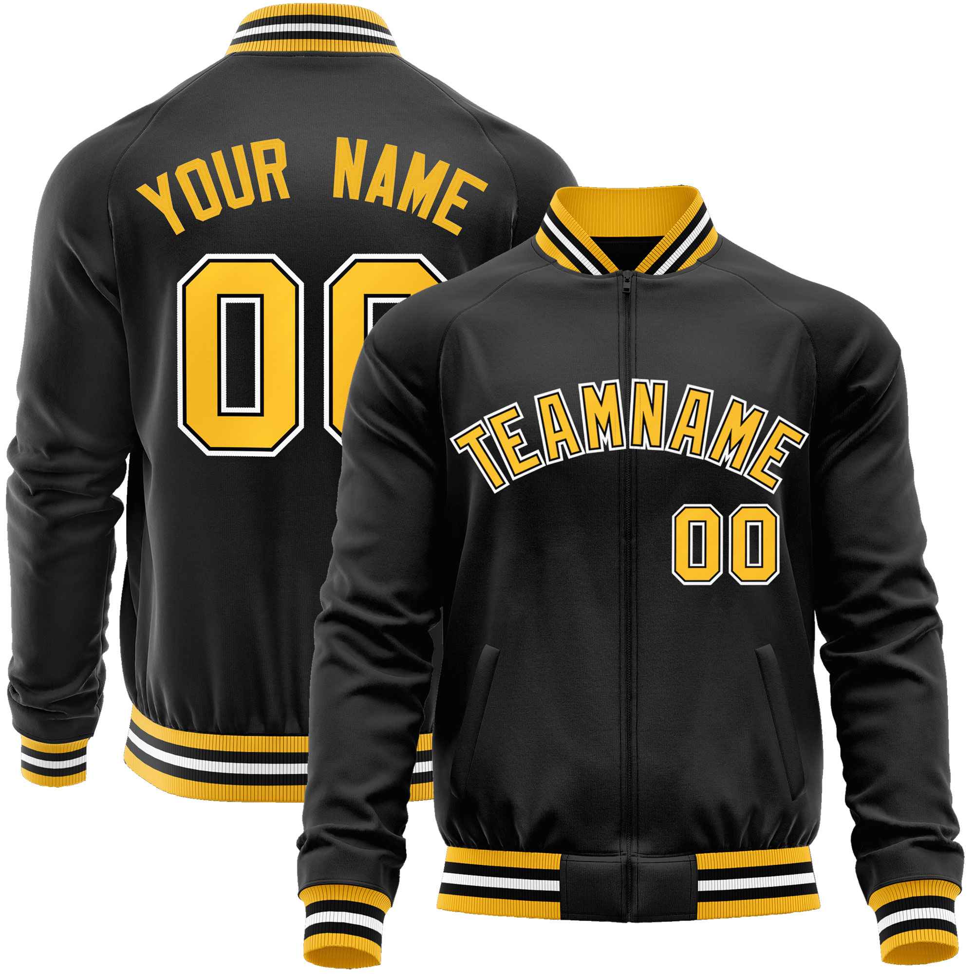 Custom Black Gold Classic Style Varsity Full-Zip Letterman Baseball Jacket