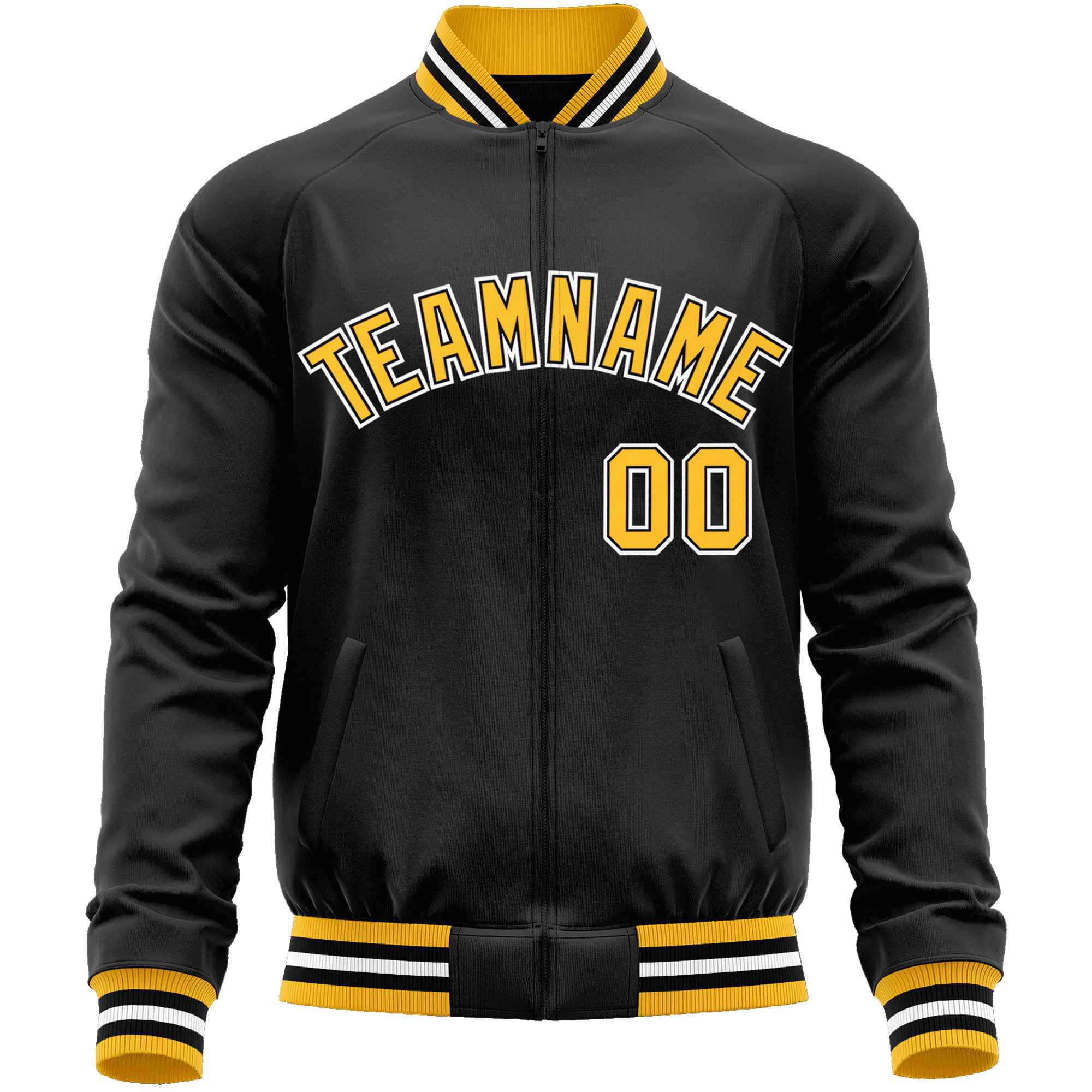 Custom Black Gold Classic Style Varsity Full-Zip Letterman Baseball Jacket