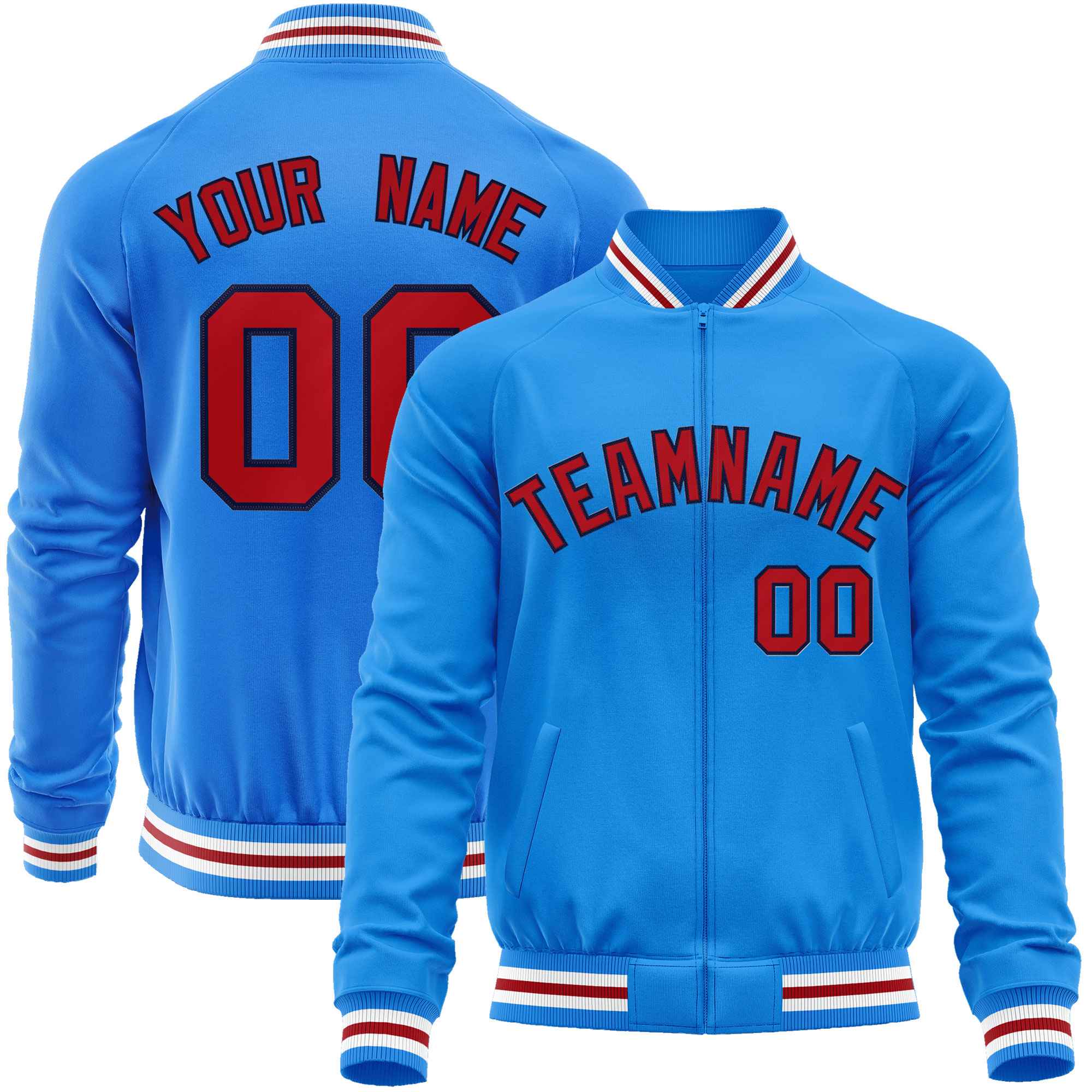 Custom Powder Blue Red Classic Style Varsity Full-Zip Letterman Baseball Jacket