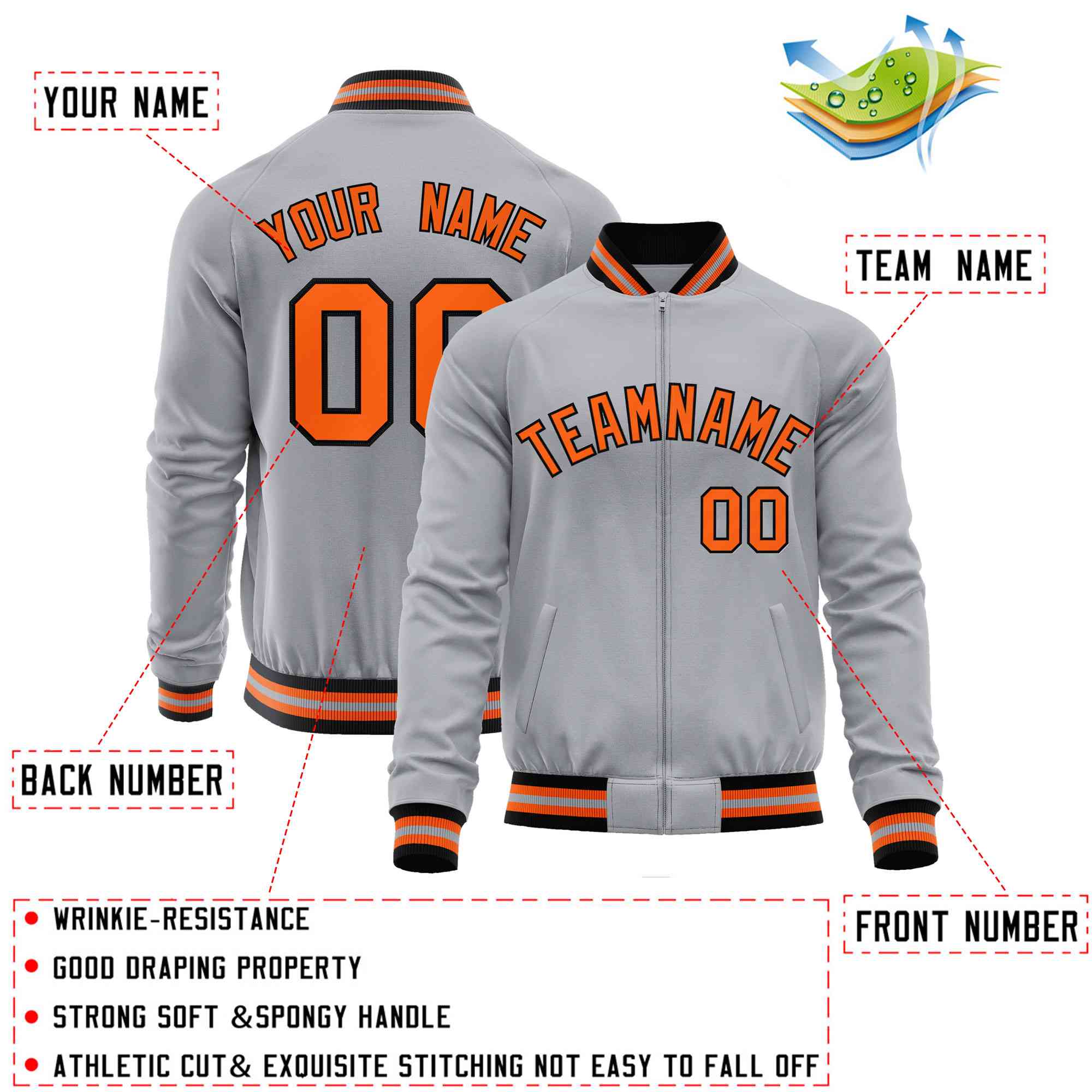 Custom Gray Orange Classic Style Varsity Full-Zip Letterman Baseball Jacket