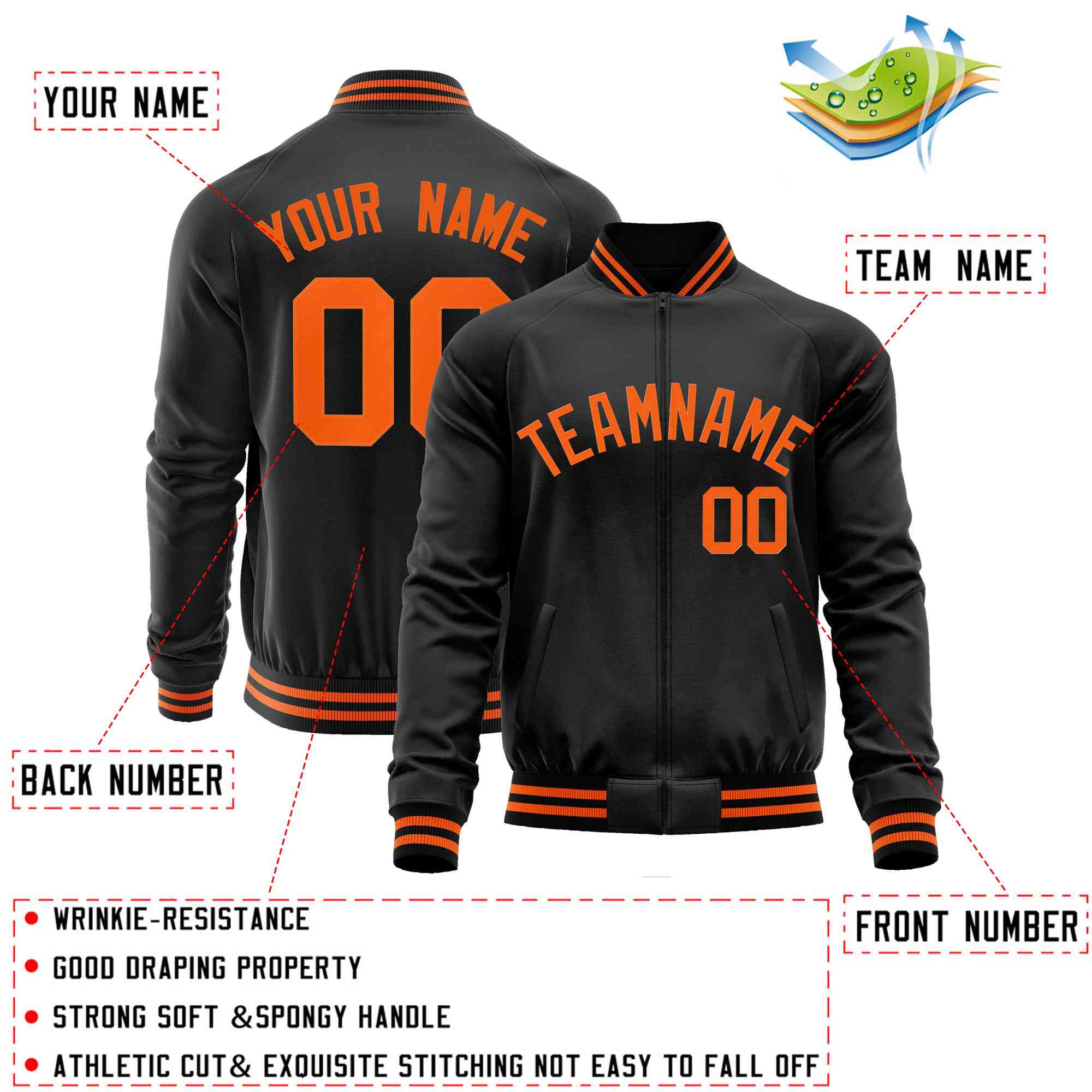 Custom Black Orange Classic Style Varsity Full-Zip Letterman Baseball Jacket