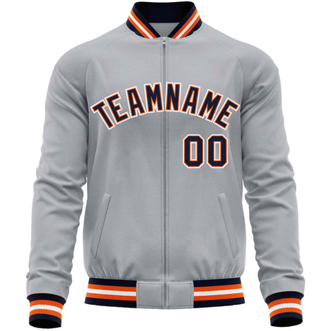 Custom Gray Navy Classic Style Varsity Full-Zip Letterman Baseball Jacket