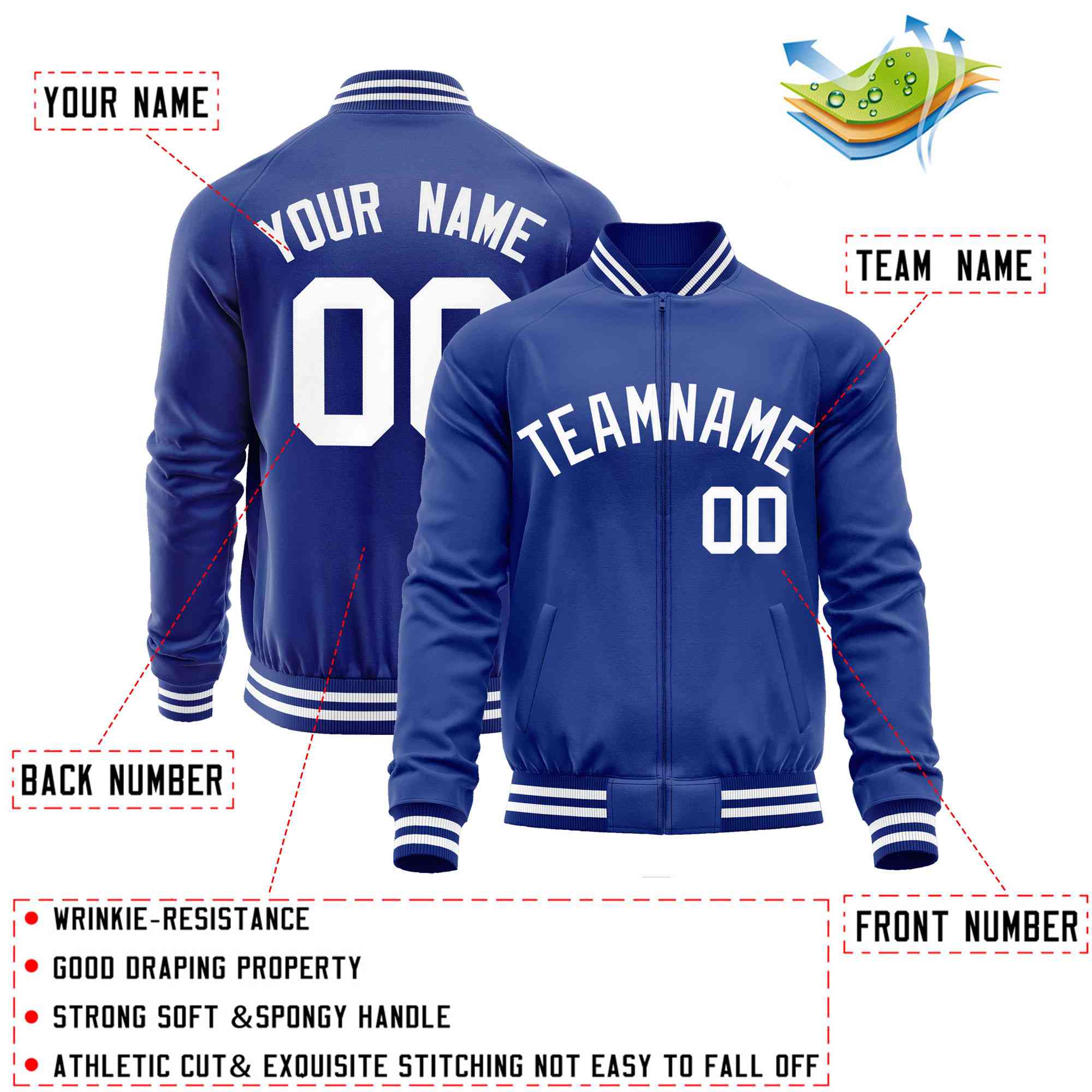 Custom Royal White Classic Style Varsity Full-Zip Letterman Baseball Jacket