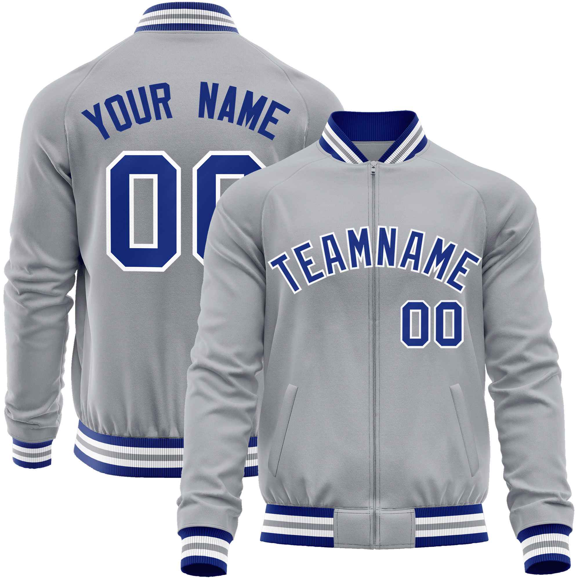 Custom Gray Royal Classic Style Varsity Full-Zip Letterman Baseball Jacket