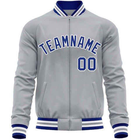 Custom Gray Royal Classic Style Varsity Full-Zip Letterman Baseball Jacket