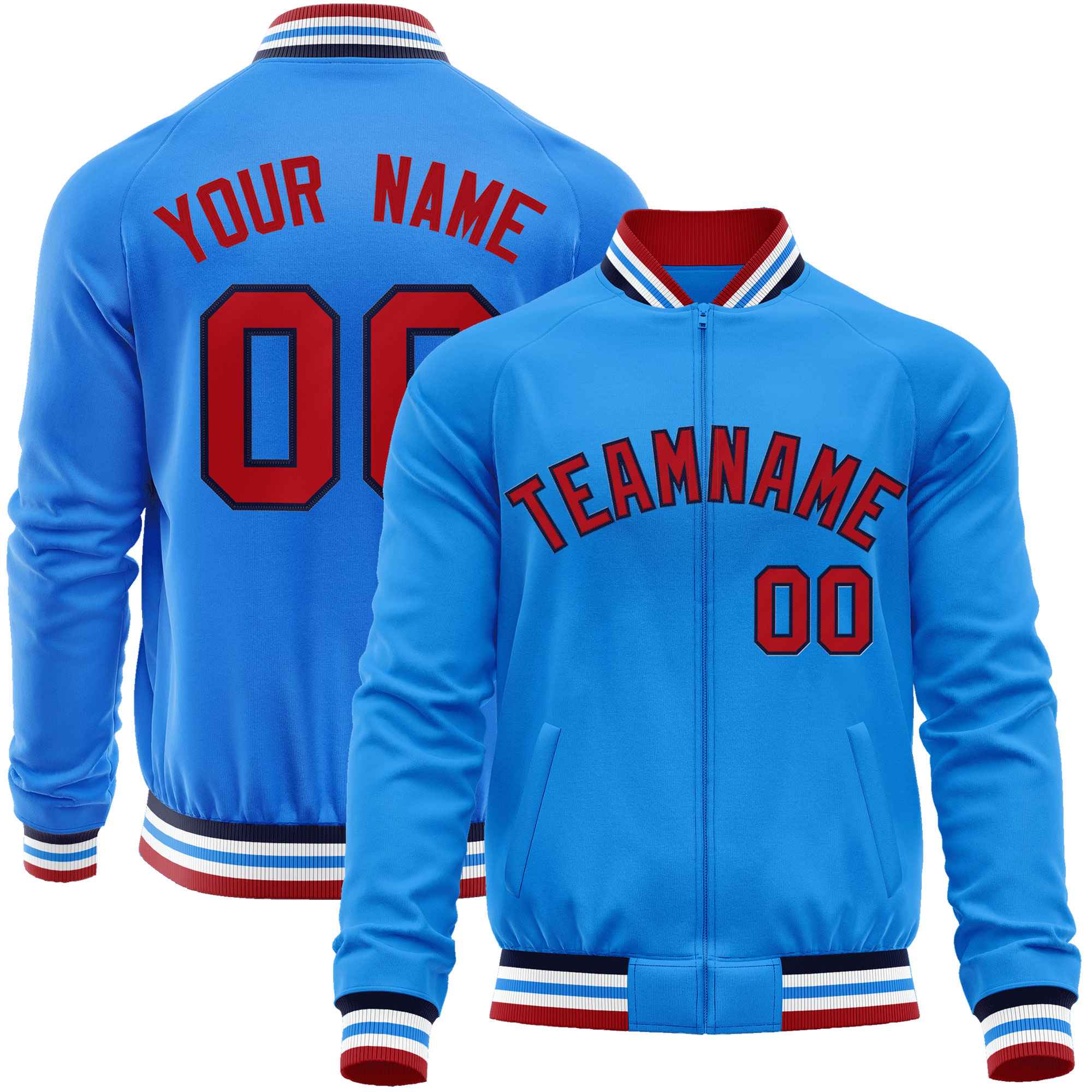 Custom Powder Blue Red Classic Style Varsity Full-Zip Letterman Baseball Jacket