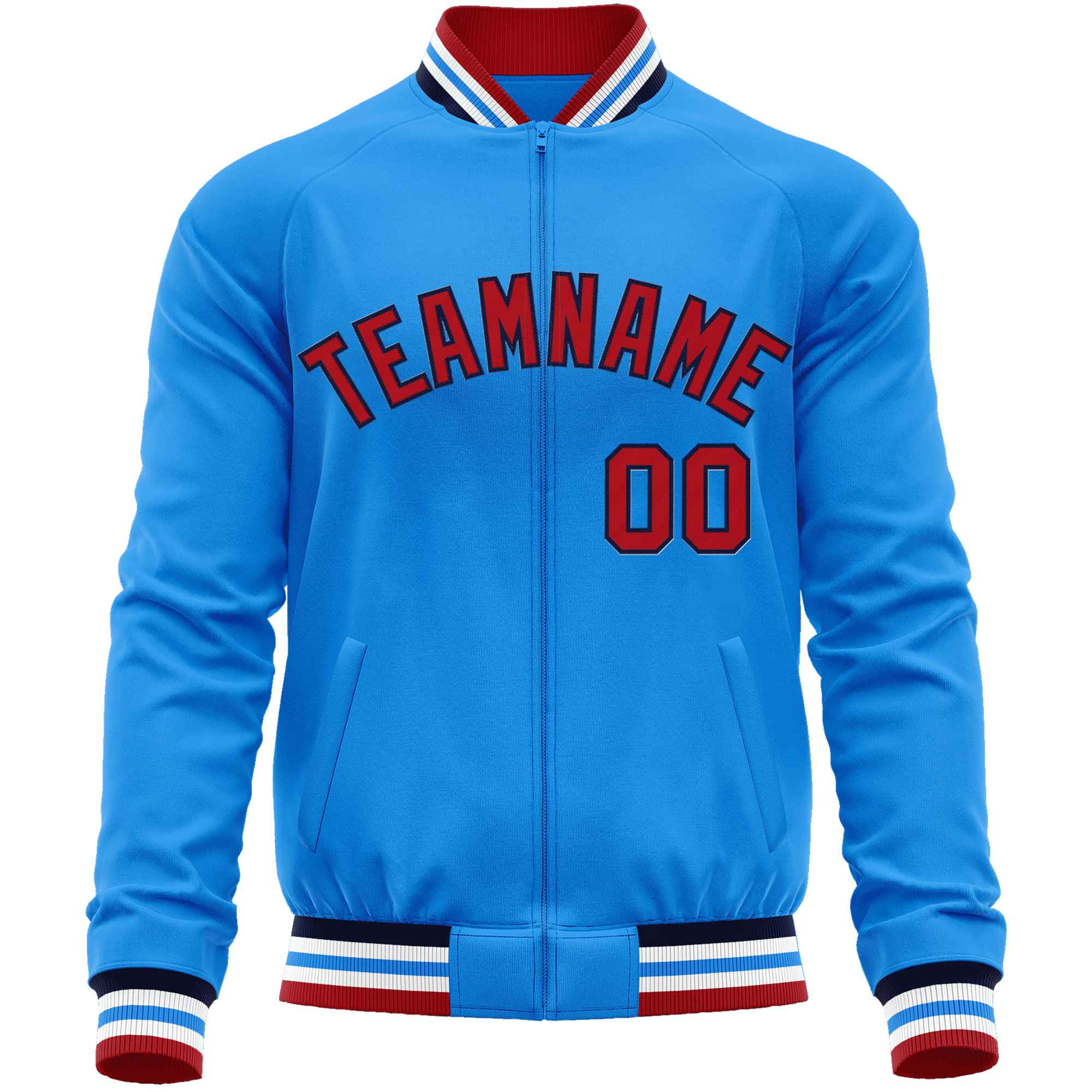 Custom Powder Blue Red Classic Style Varsity Full-Zip Letterman Baseball Jacket