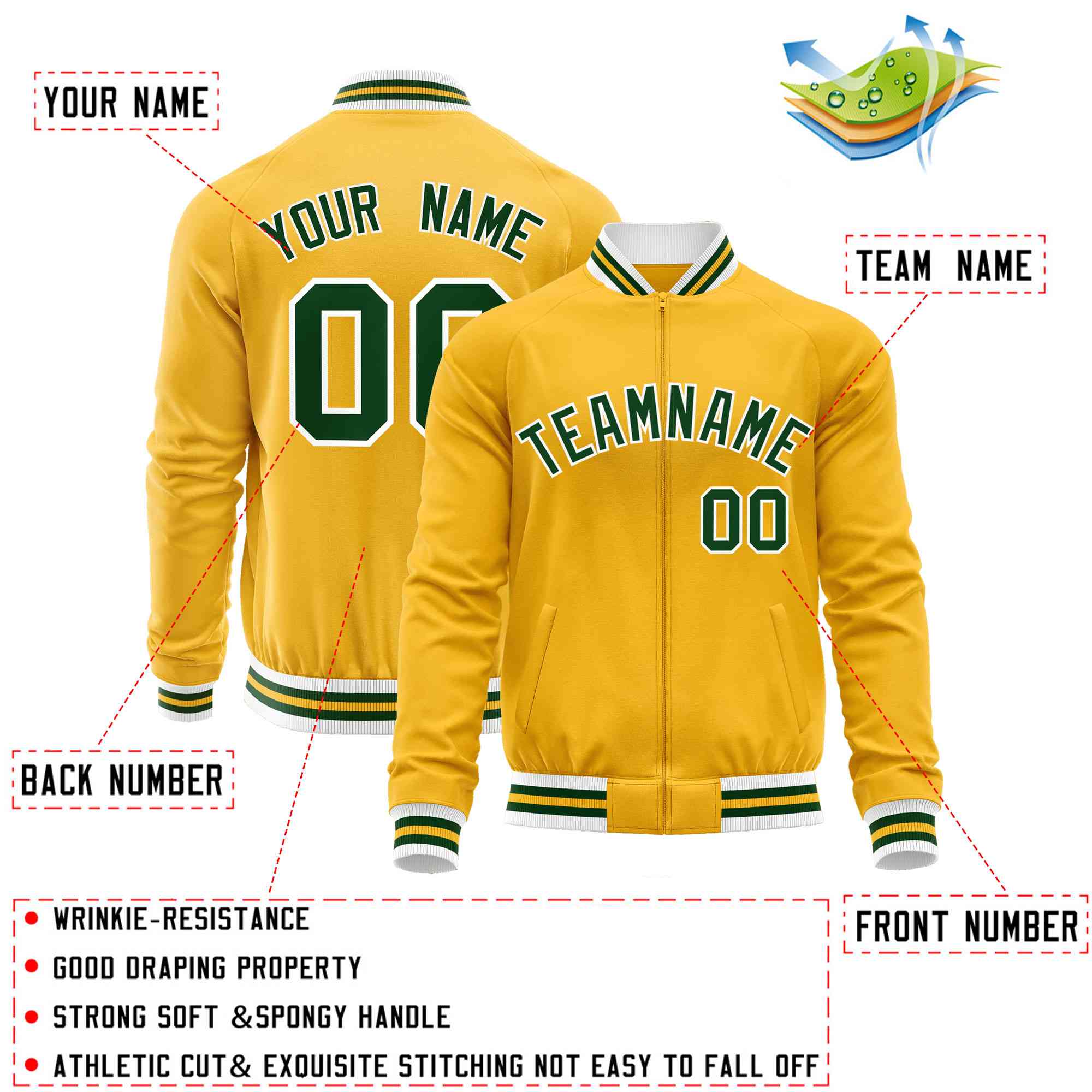 Custom Gold Green Classic Style Varsity Full-Zip Letterman Baseball Jacket