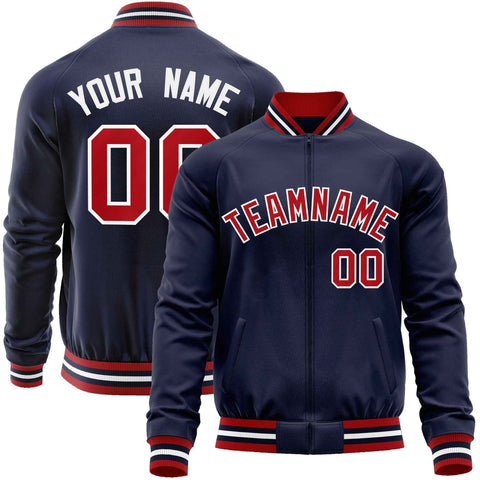 Custom Navy Red Classic Style Varsity Full-Zip Letterman Baseball Jacket