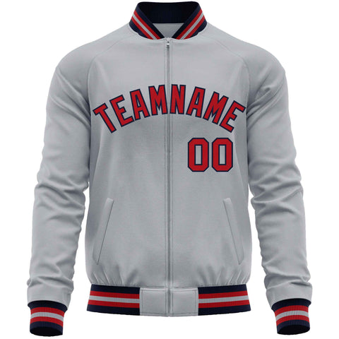 Custom Gray Red Classic Style Varsity Full-Zip Letterman Baseball Jacket