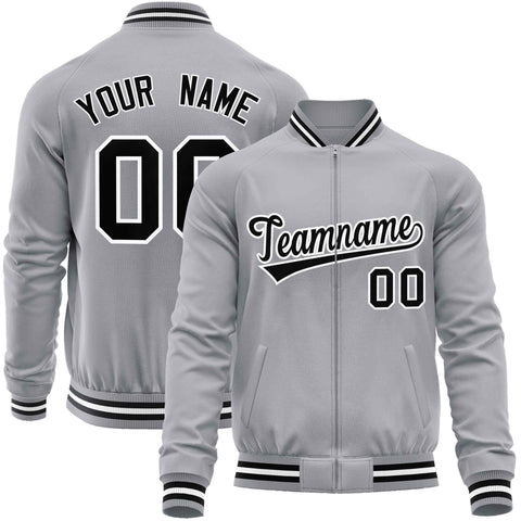 Custom Gray Black Classic Style Varsity Full-Zip Letterman Baseball Jacket