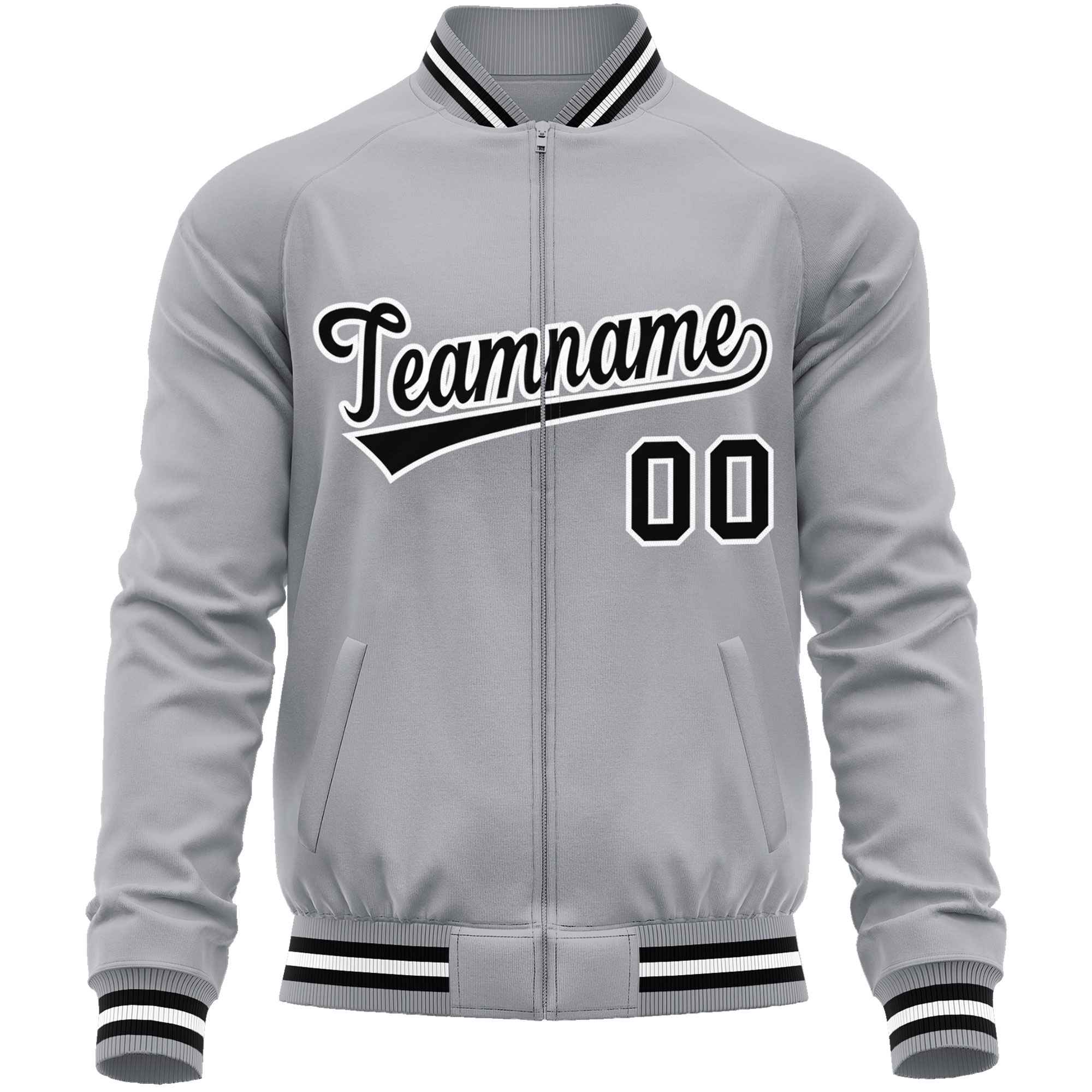 Custom Gray Black Classic Style Varsity Full-Zip Letterman Baseball Jacket