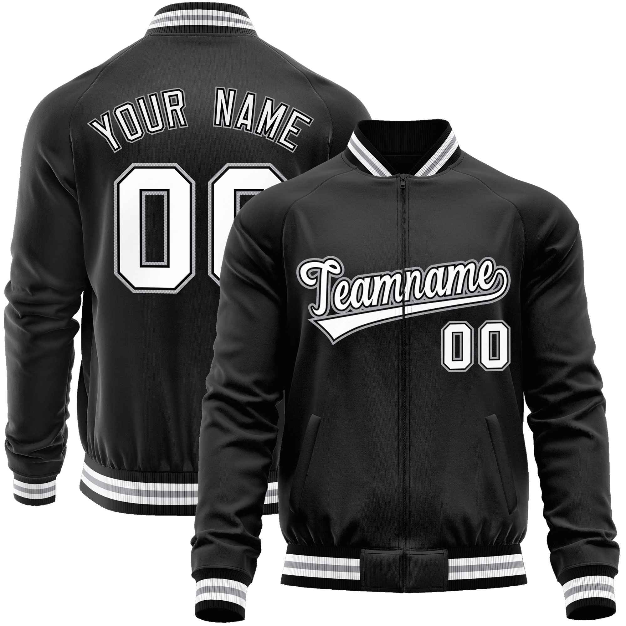 Custom Black White Classic Style Varsity Full-Zip Letterman Baseball Jacket