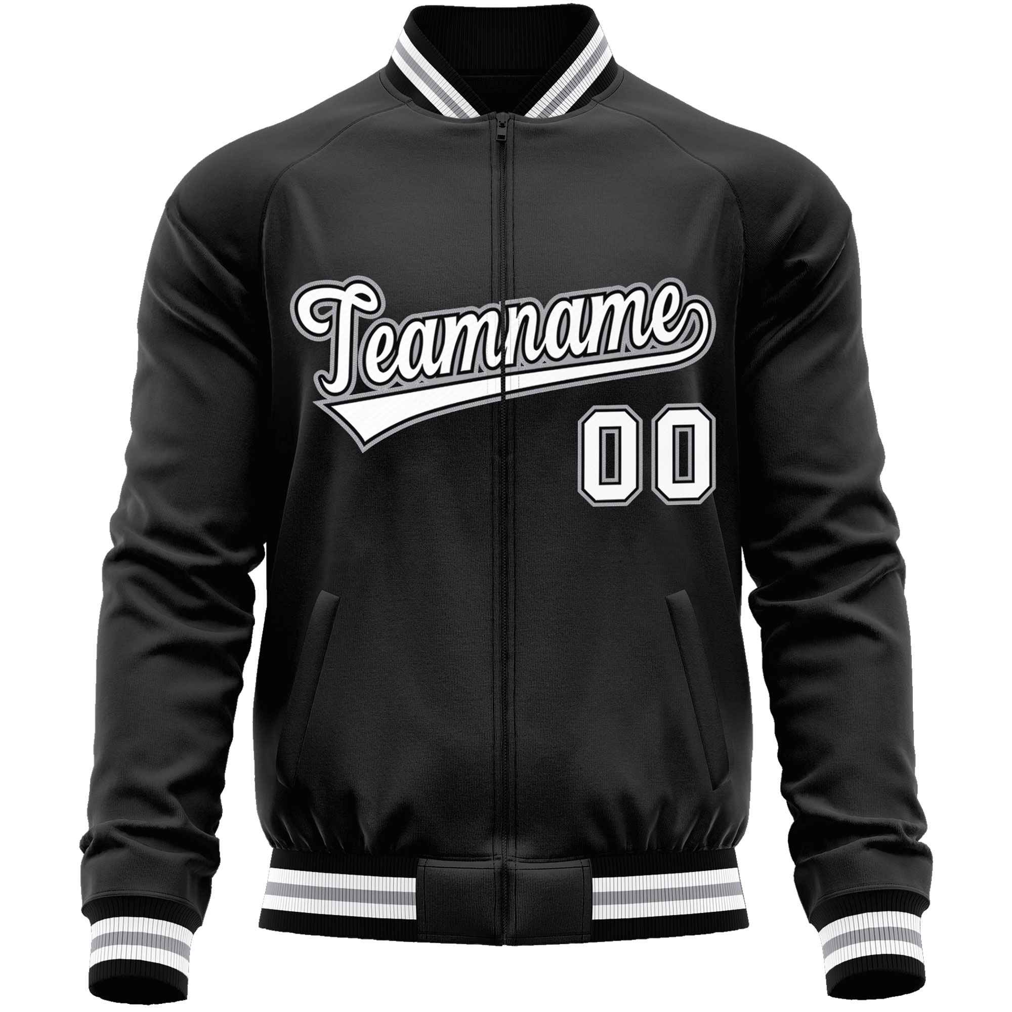 Custom Black White Classic Style Varsity Full-Zip Letterman Baseball Jacket