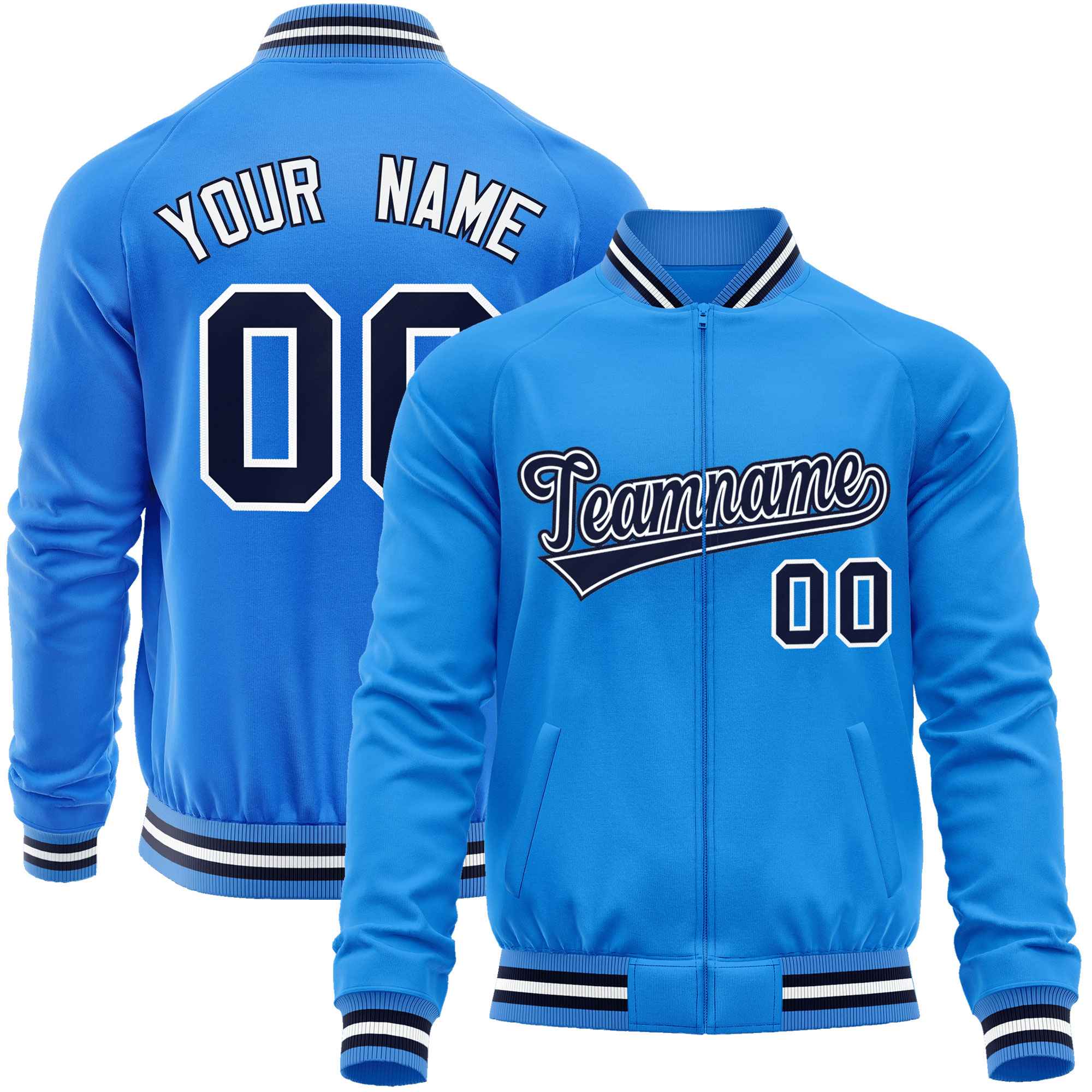 Custom Powder Blue Navy Classic Style Varsity Full-Zip Letterman Baseball Jacket