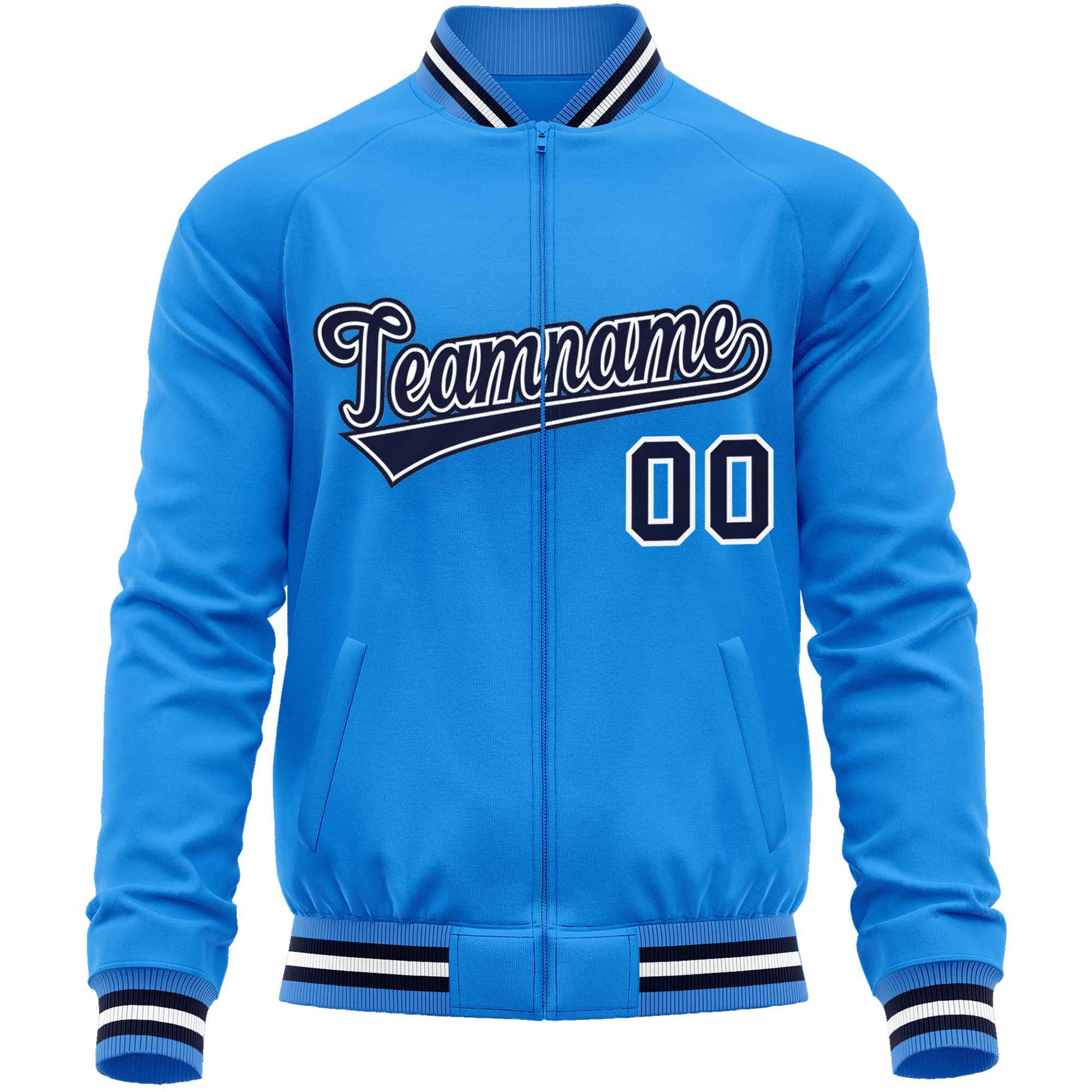 Custom Powder Blue Navy Classic Style Varsity Full-Zip Letterman Baseball Jacket