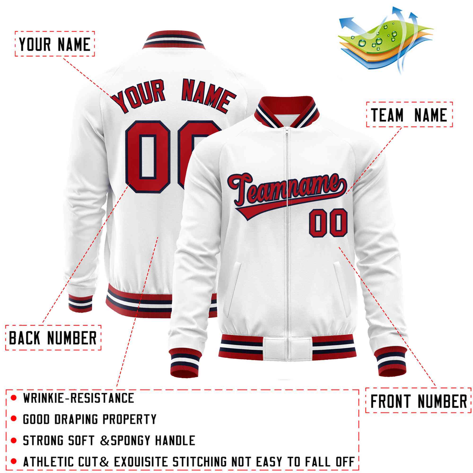 Custom White Red Classic Style Varsity Full-Zip Letterman Baseball Jacket