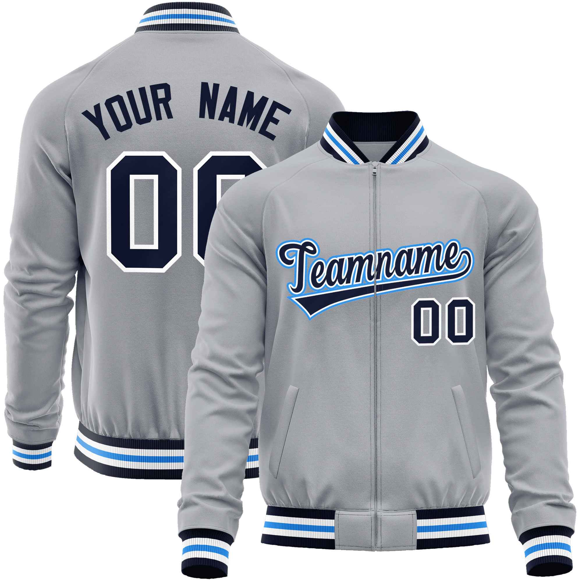 Custom Gray Navy Classic Style Varsity Full-Zip Letterman Baseball Jacket