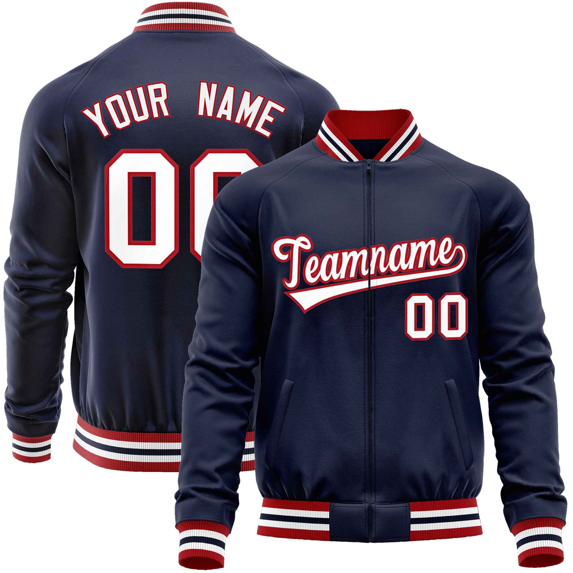 Custom Navy White Classic Style Varsity Full-Zip Letterman Baseball Jacket