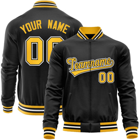 Custom Black Gold Classic Style Varsity Full-Zip Letterman Baseball Jacket