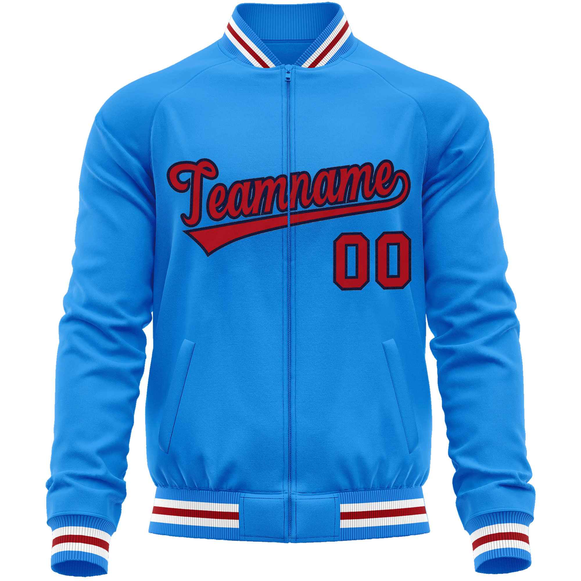 Custom Powder Blue Red Classic Style Varsity Full-Zip Letterman Baseball Jacket