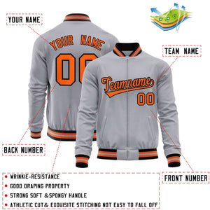 Custom Gray Orange Classic Style Varsity Full-Zip Letterman Baseball Jacket