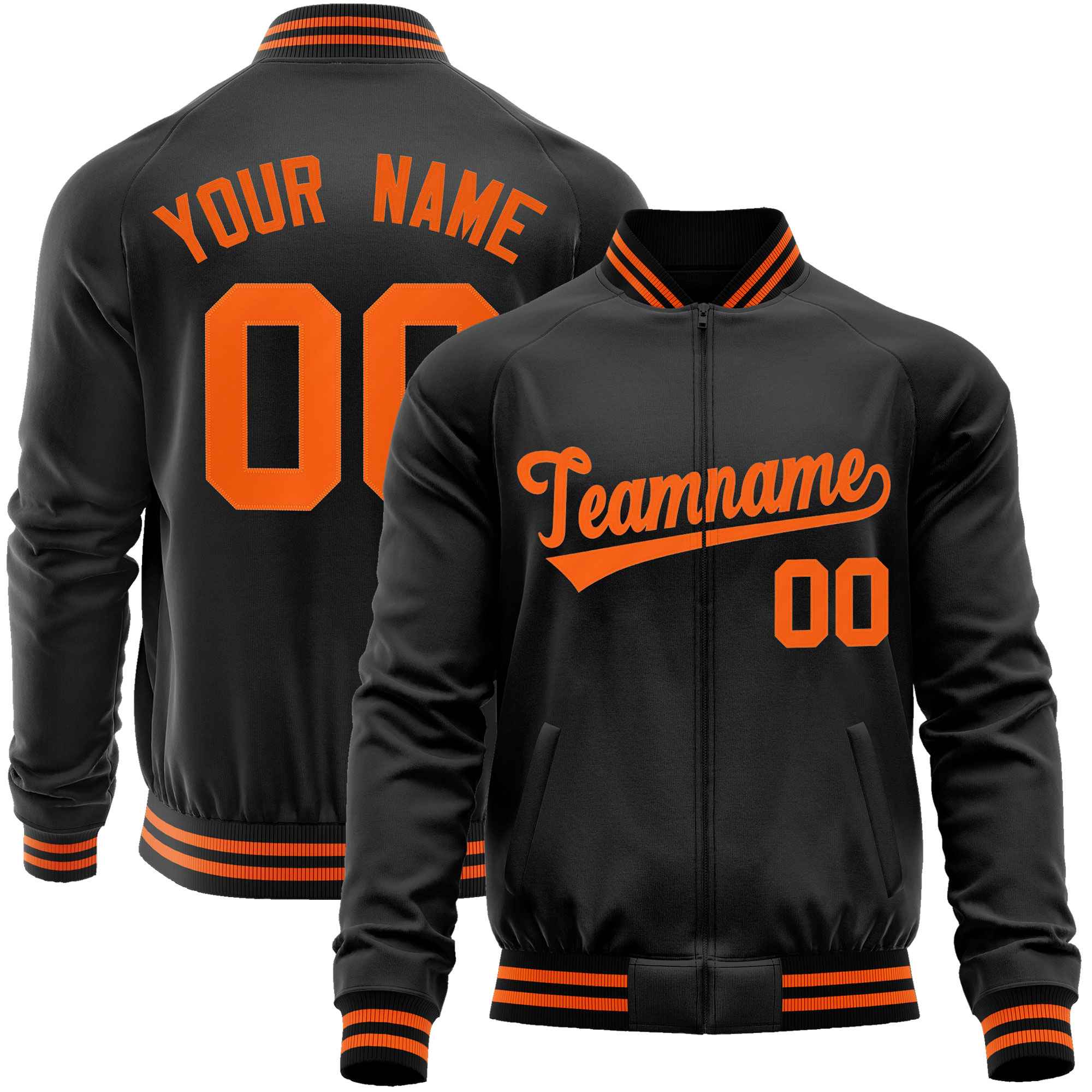 Custom Black Orange Classic Style Varsity Full-Zip Letterman Baseball Jacket