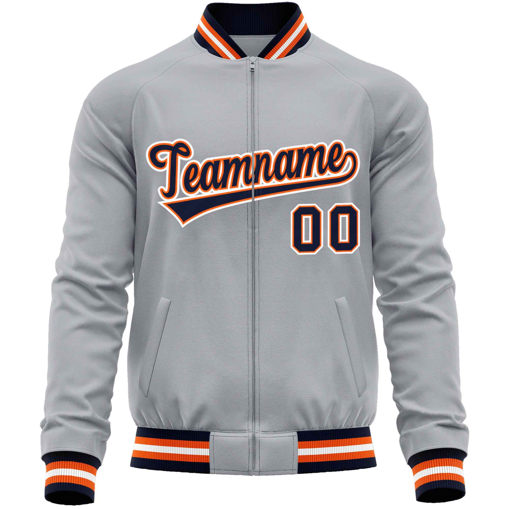 Custom Gray Navy Classic Style Varsity Full-Zip Letterman Baseball Jacket