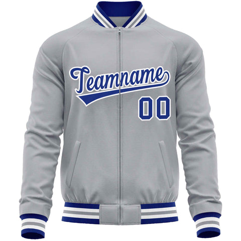 Custom Gray Royal Classic Style Varsity Full-Zip Letterman Baseball Jacket