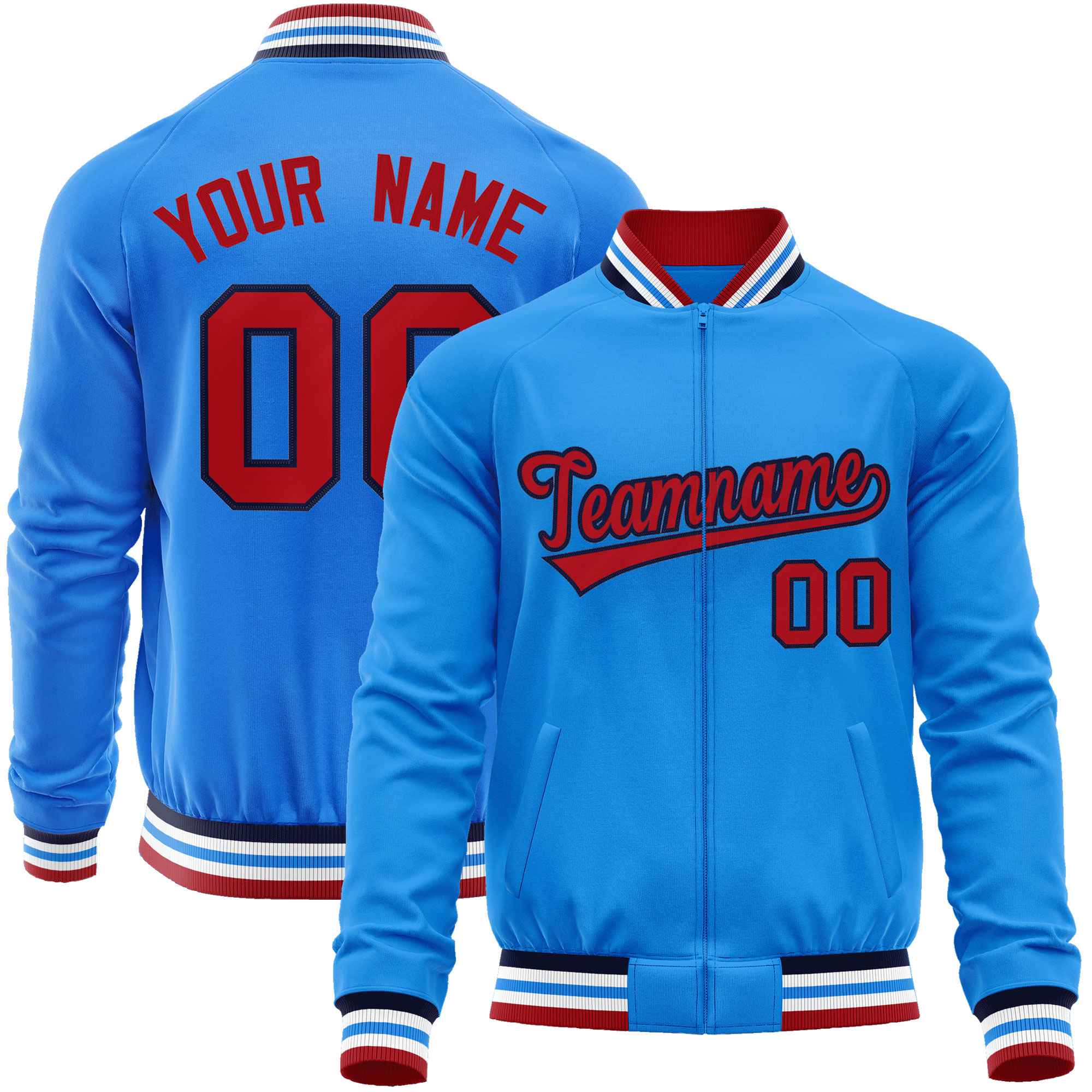 Custom Powder Blue Red Classic Style Varsity Full-Zip Letterman Baseball Jacket