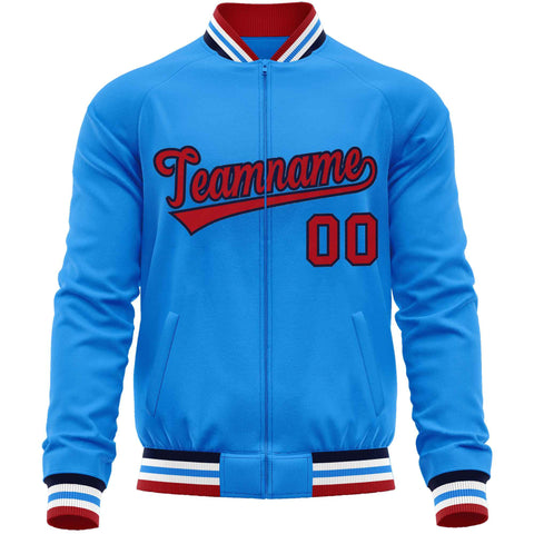 Custom Powder Blue Red Classic Style Varsity Full-Zip Letterman Baseball Jacket