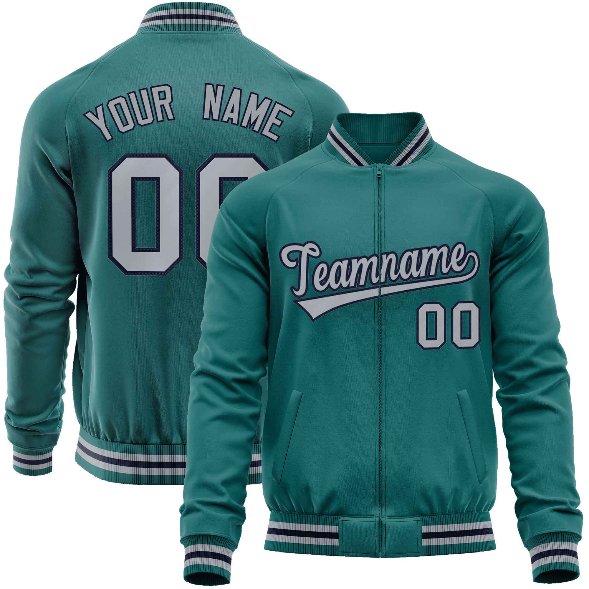 Custom Aqua Gray Classic Style Varsity Full-Zip Letterman Baseball Jacket